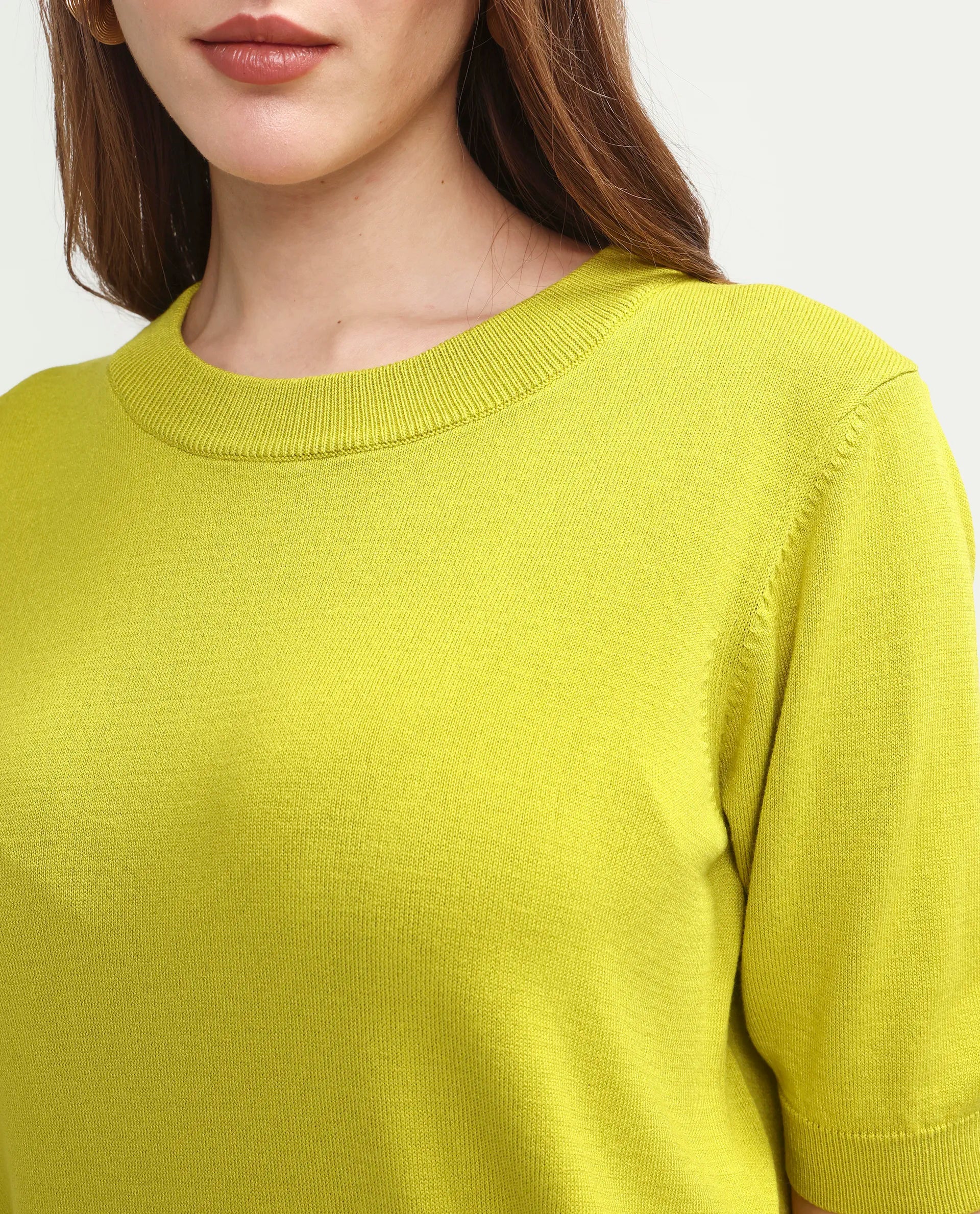 Rareism Women's Sohrdo Light Yellow Nylon Blend Half Sleeve Crew Neck Regular Fit Plain Top