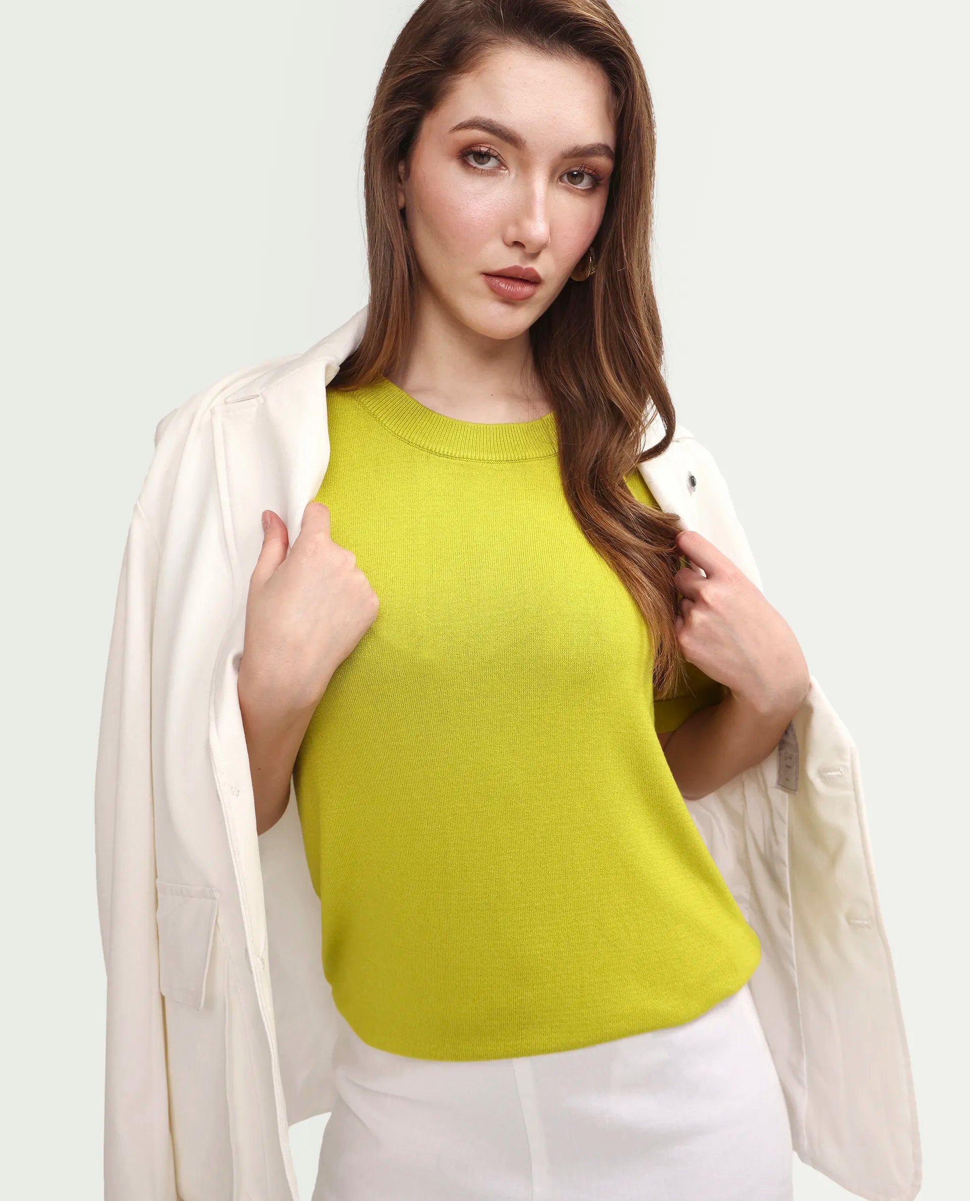 Rareism Women's Sohrdo Light Yellow Nylon Blend Half Sleeve Crew Neck Regular Fit Plain Top