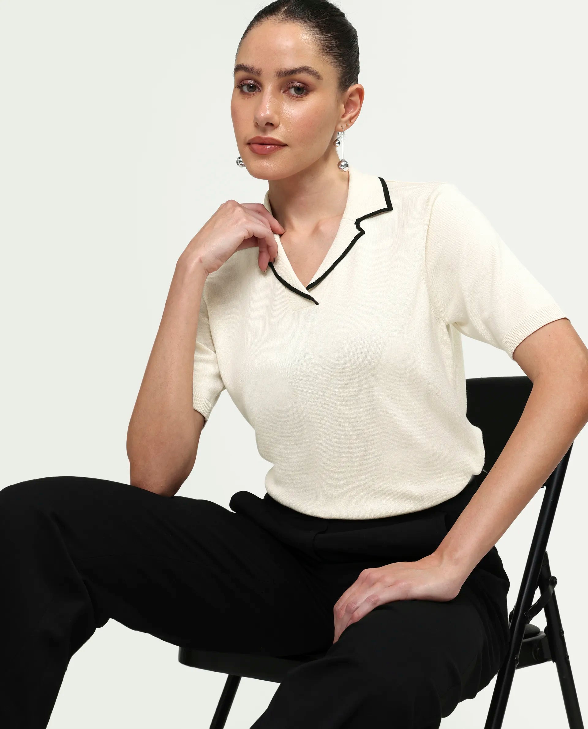 Rareism Women's Syrus Off White Nylon Blend Half Sleeve Jonny Collar Relaxed Fit Plain Polo