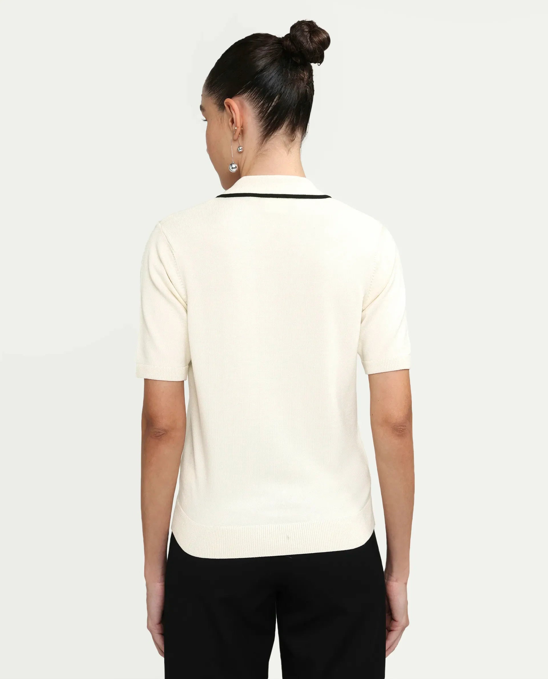 Rareism Women's Syrus Off White Nylon Blend Half Sleeve Jonny Collar Relaxed Fit Plain Polo