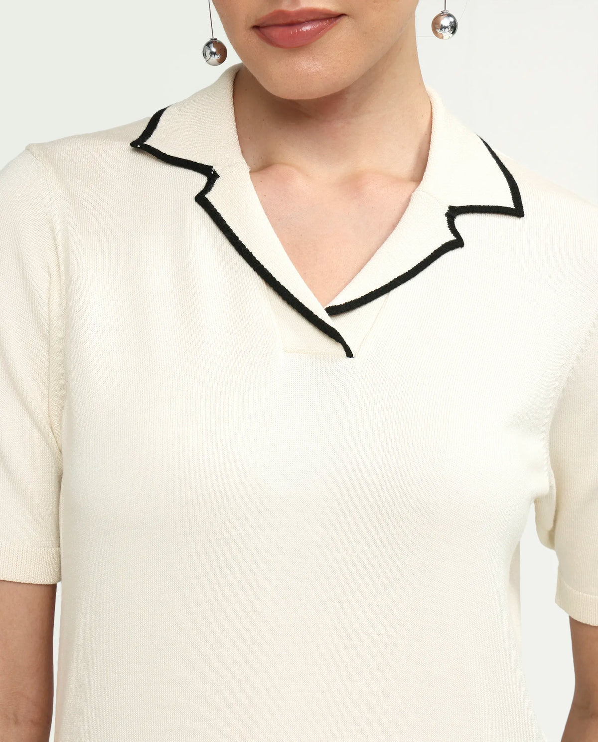 Rareism Women's Syrus Off White Nylon Blend Half Sleeve Jonny Collar Relaxed Fit Plain Polo