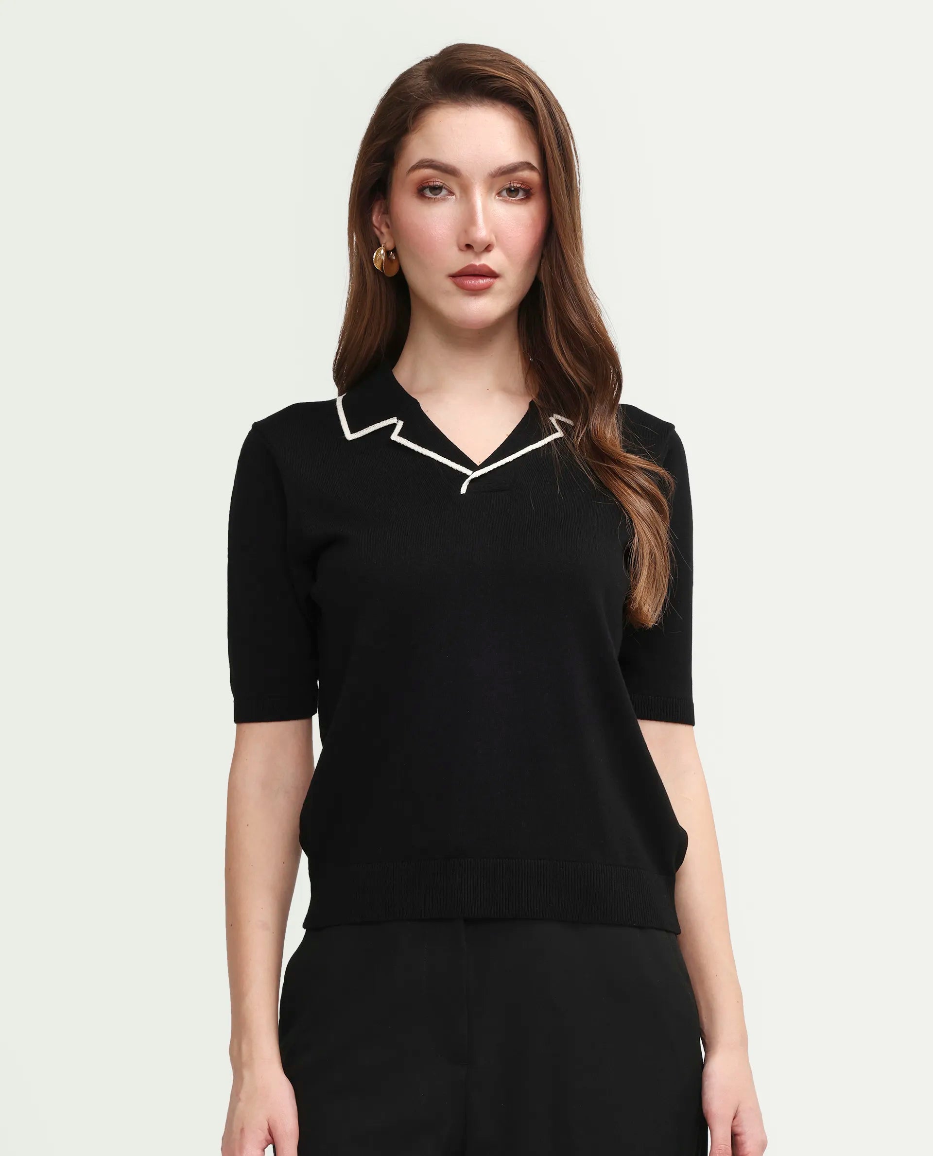 Rareism Women's Syrus Black Nylon Blend Half Sleeve Jonny Collar Relaxed Fit Plain Polo