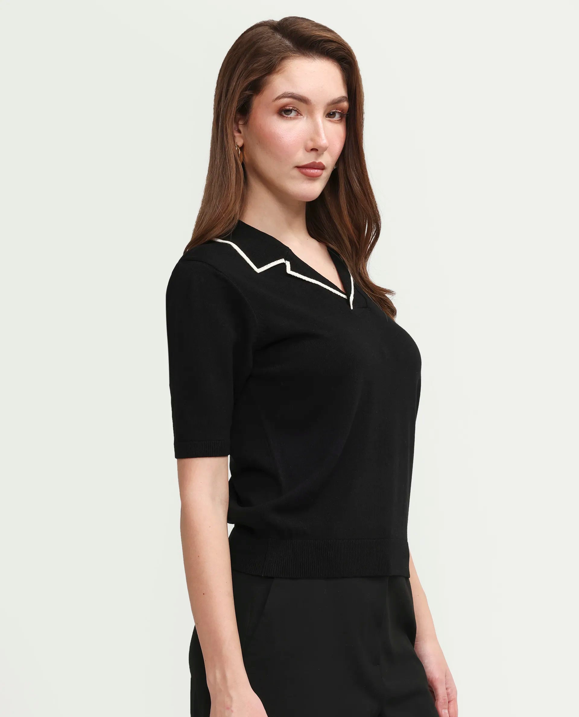 Rareism Women's Syrus Black Nylon Blend Half Sleeve Jonny Collar Relaxed Fit Plain Polo