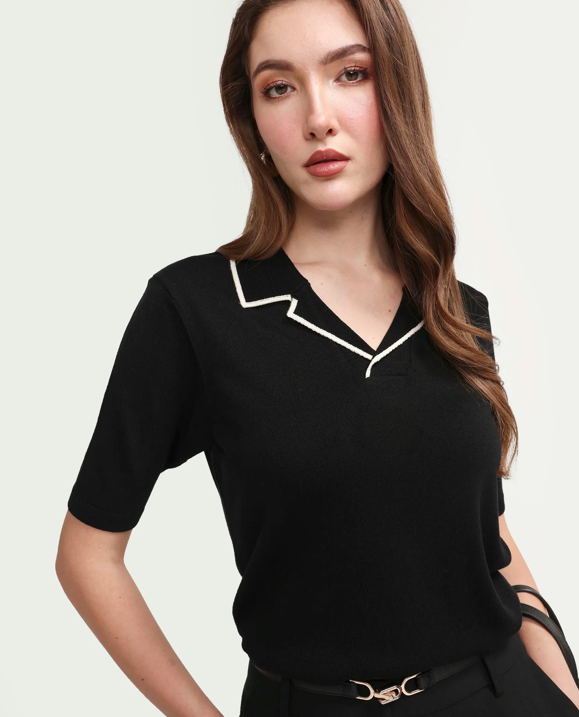 Rareism Women's Syrus Black Nylon Blend Half Sleeve Jonny Collar Relaxed Fit Plain Polo