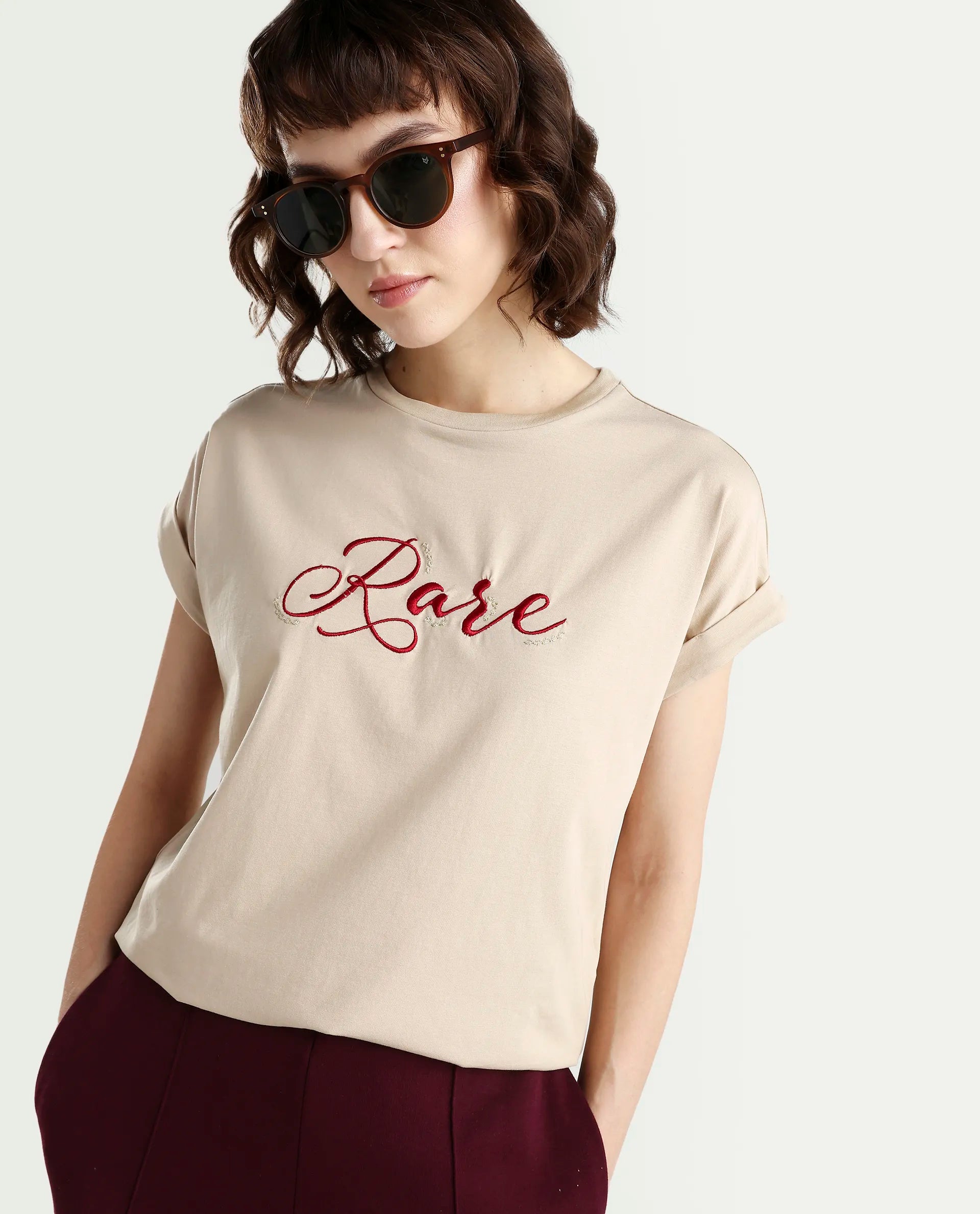 Rareism Women's Zaph Beige Cotton Blend Half Sleeve Relaxed Fit Plain T-Shirt