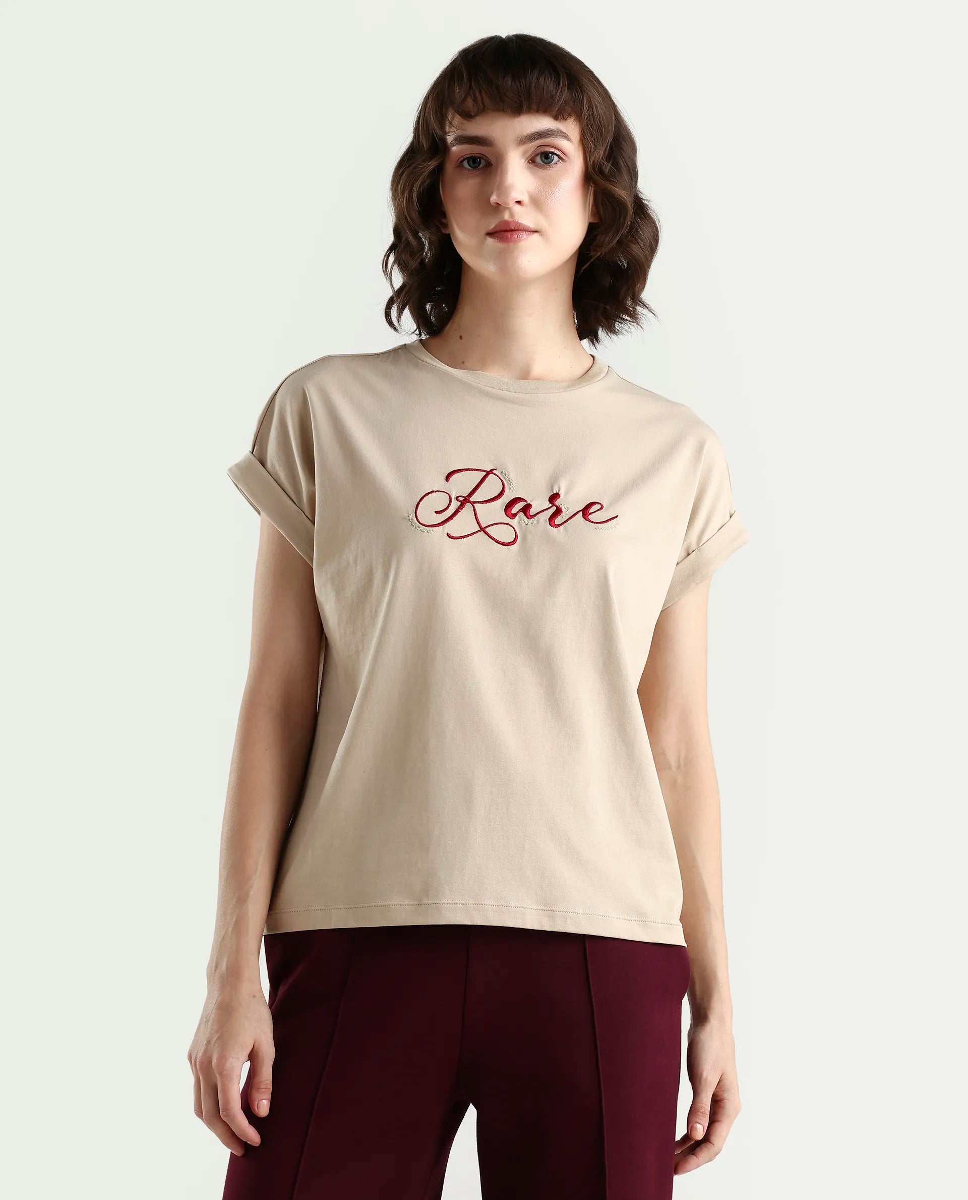 Rareism Women's Zaph Beige Cotton Blend Half Sleeve Relaxed Fit Plain T-Shirt