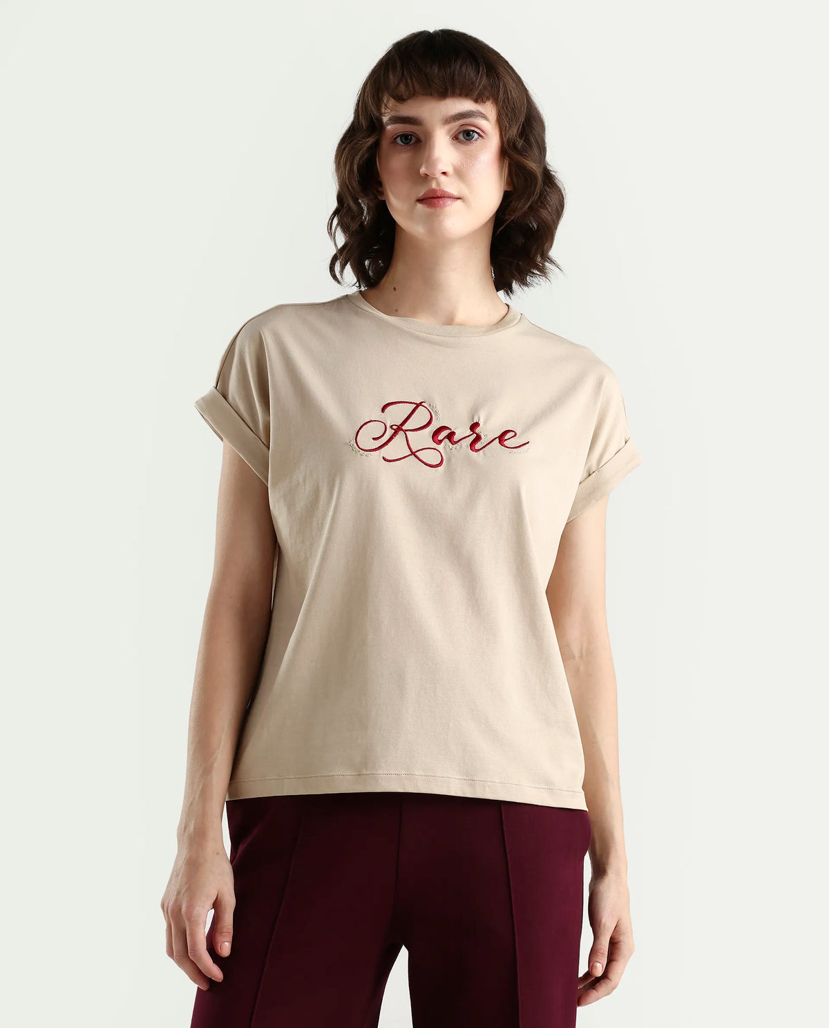Rareism Women's Zaph Beige Cotton Blend Half Sleeve Relaxed Fit Plain T-Shirt