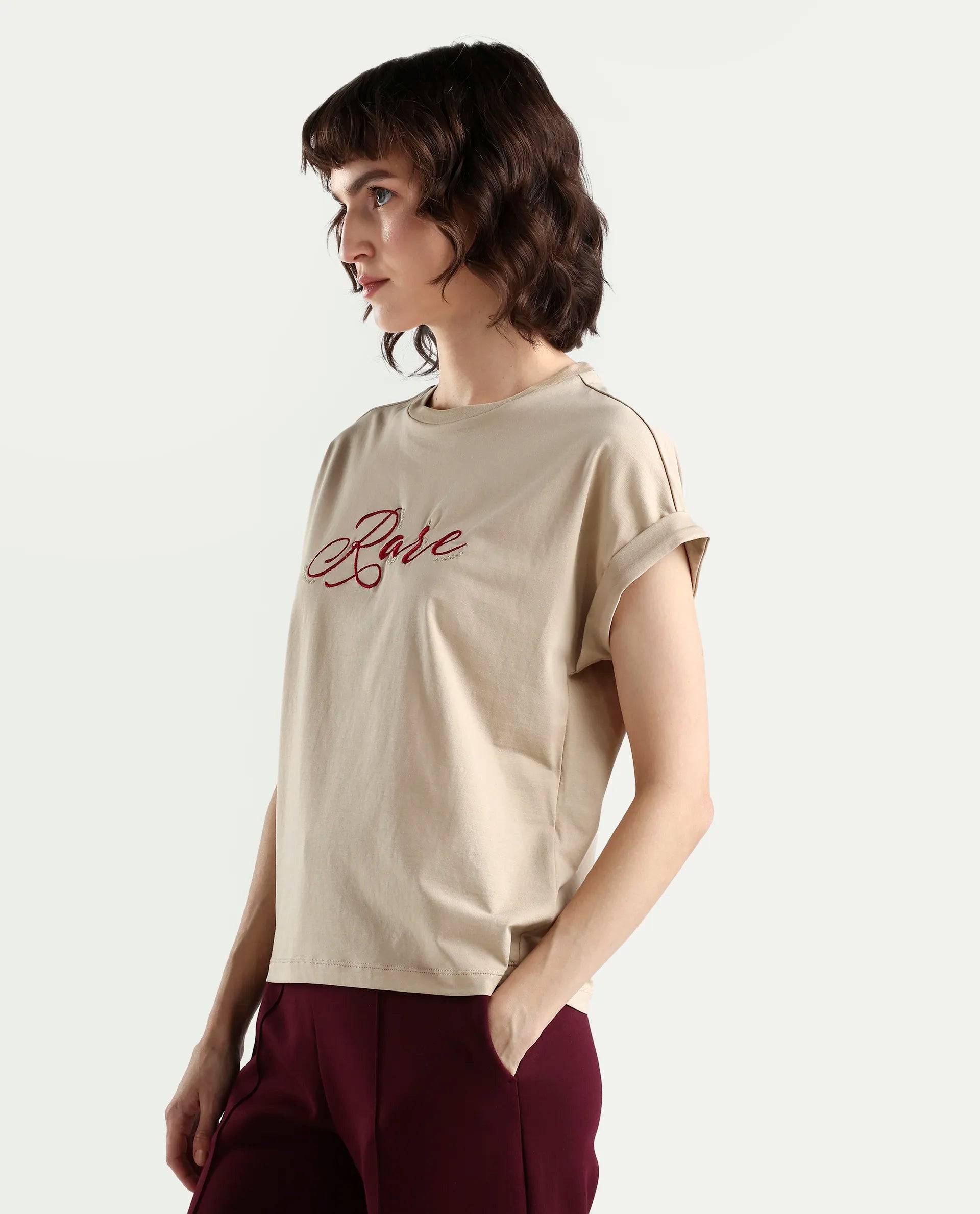 Rareism Women's Zaph Beige Cotton Blend Half Sleeve Relaxed Fit Plain T-Shirt