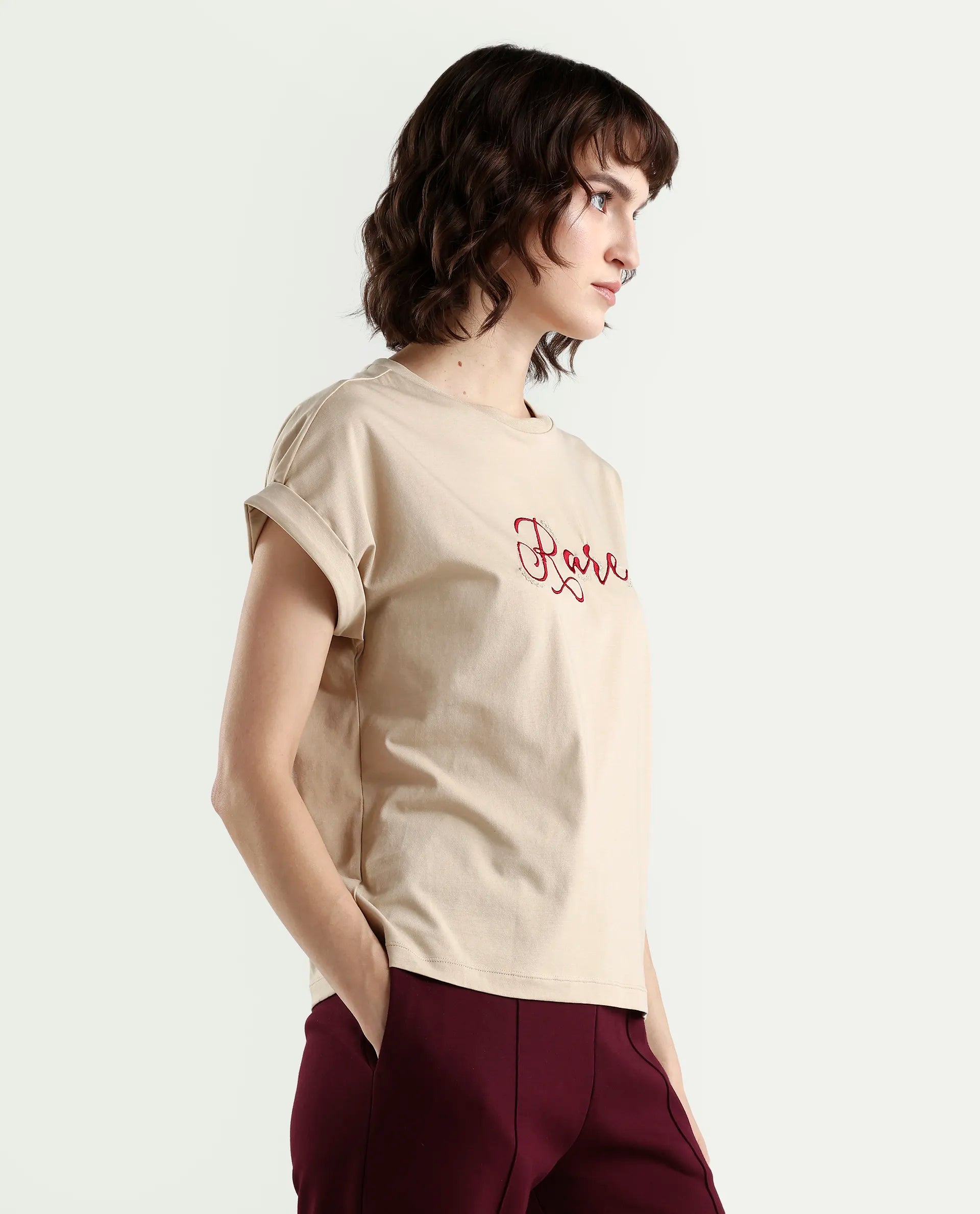 Rareism Women's Zaph Beige Cotton Blend Half Sleeve Relaxed Fit Plain T-Shirt