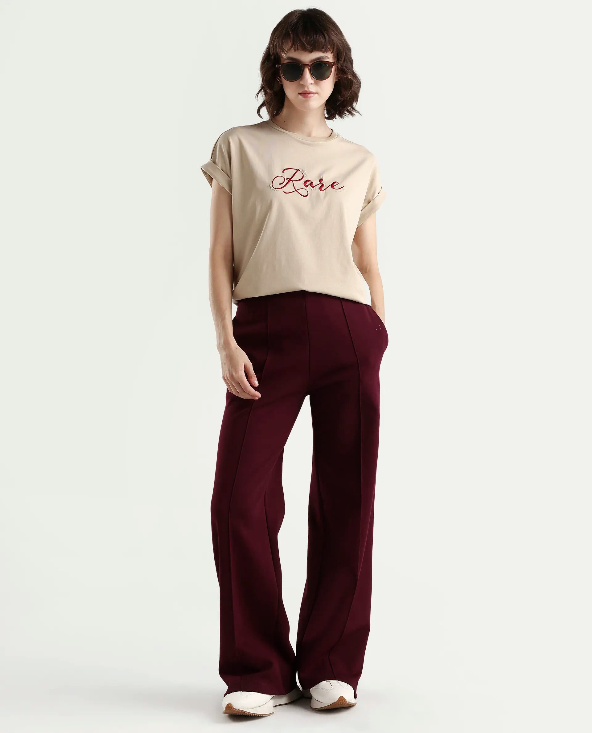 Rareism Women's Zaph Beige Cotton Blend Half Sleeve Relaxed Fit Plain T-Shirt