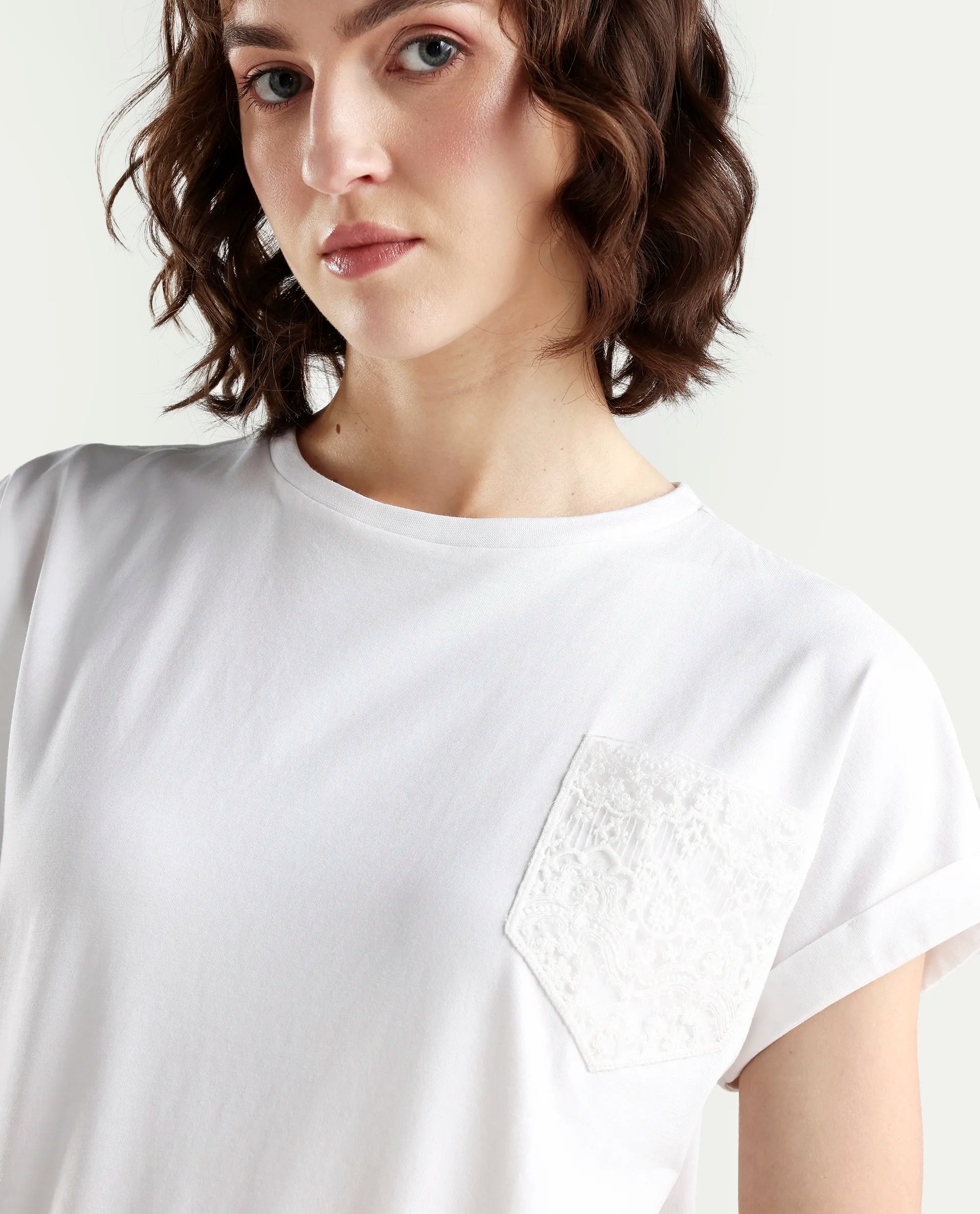 Rareism Women's Zaul White Cotton Blend Half Sleeve Relaxed Fit Plain T-Shirt