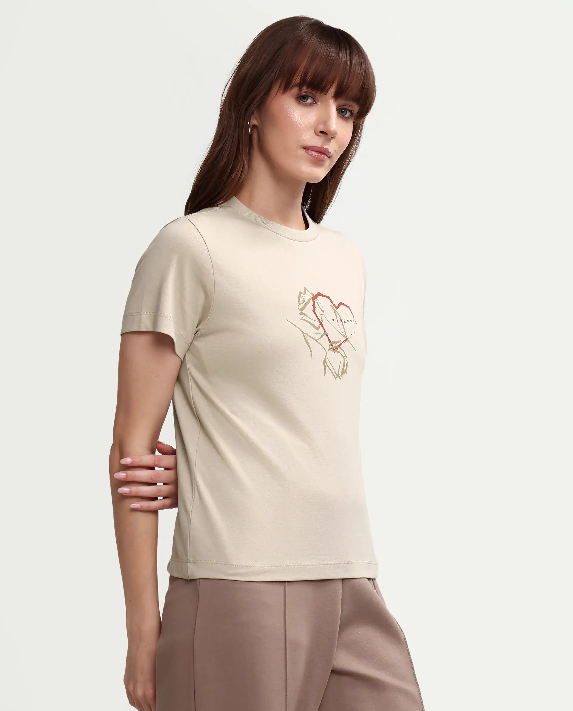 Rareism Women's Zavis Beige Cotton Half Sleeve Regular Fit Plain T-Shirt