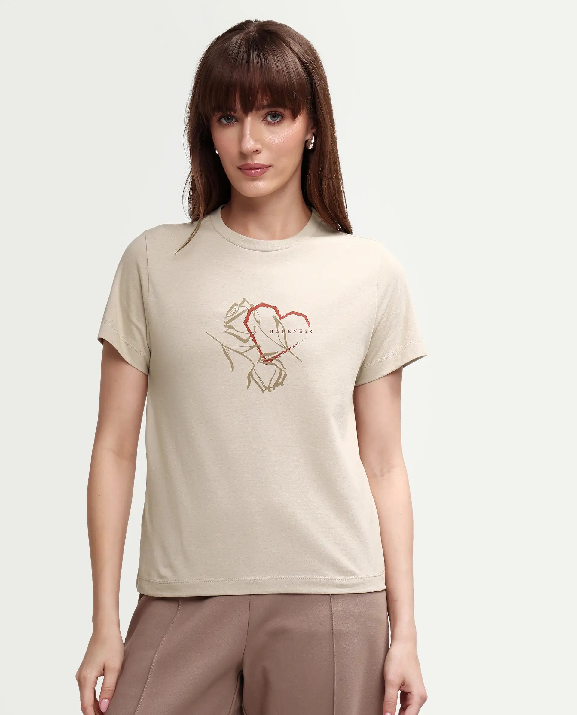 Rareism Women's Zavis Beige Cotton Half Sleeve Regular Fit Plain T-Shirt