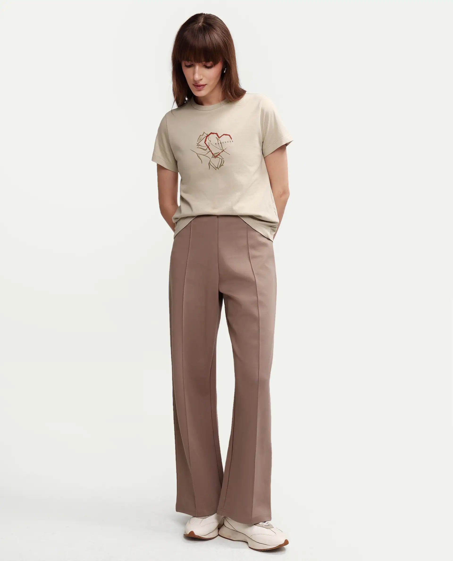 Rareism Women's Zavis Beige Cotton Half Sleeve Regular Fit Plain T-Shirt