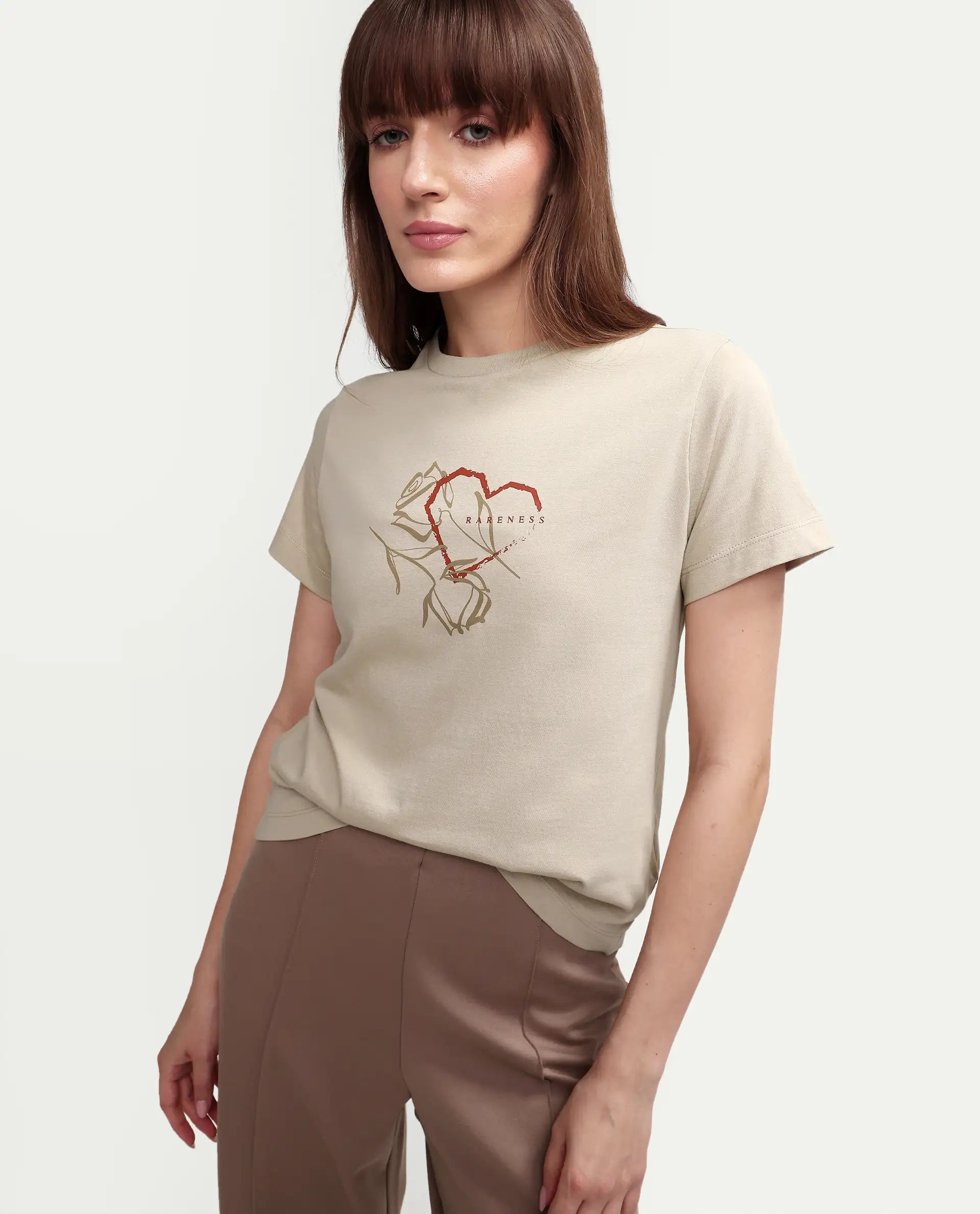 Rareism Women's Zavis Beige Cotton Half Sleeve Regular Fit Plain T-Shirt