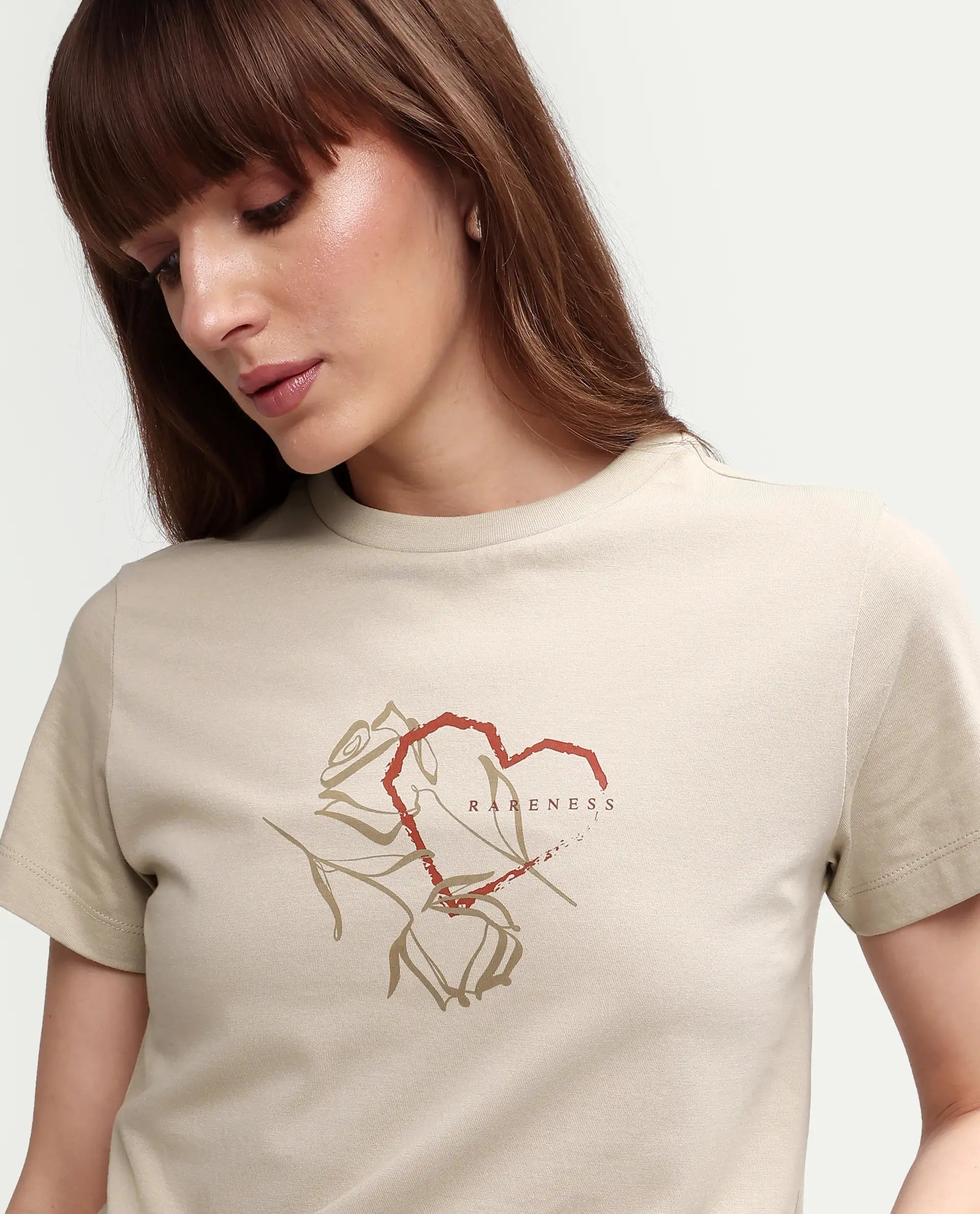 Rareism Women's Zavis Beige Cotton Half Sleeve Regular Fit Plain T-Shirt