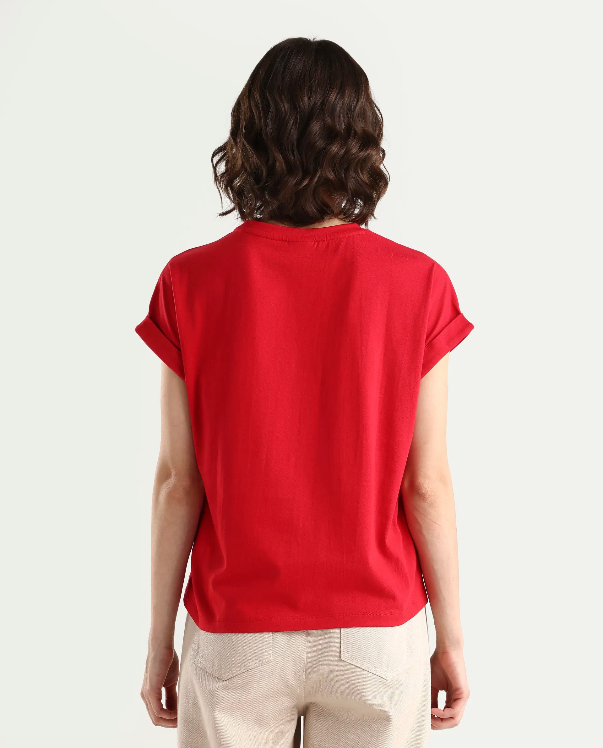 Rareism Women's Zolan Red Cotton Half Sleeve Relaxed Fit Pigment Print T-Shirt