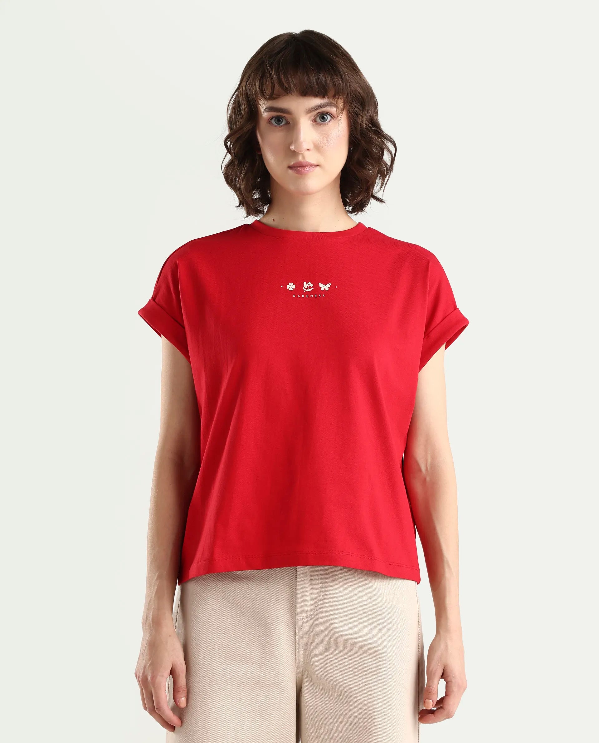 Rareism Women's Zolan Red Cotton Half Sleeve Relaxed Fit Pigment Print T-Shirt