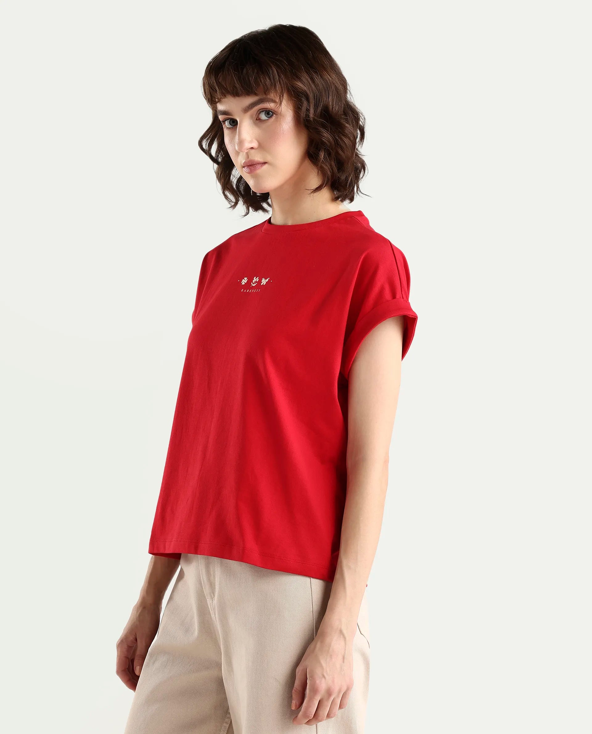 Rareism Women's Zolan Red Cotton Half Sleeve Relaxed Fit Pigment Print T-Shirt