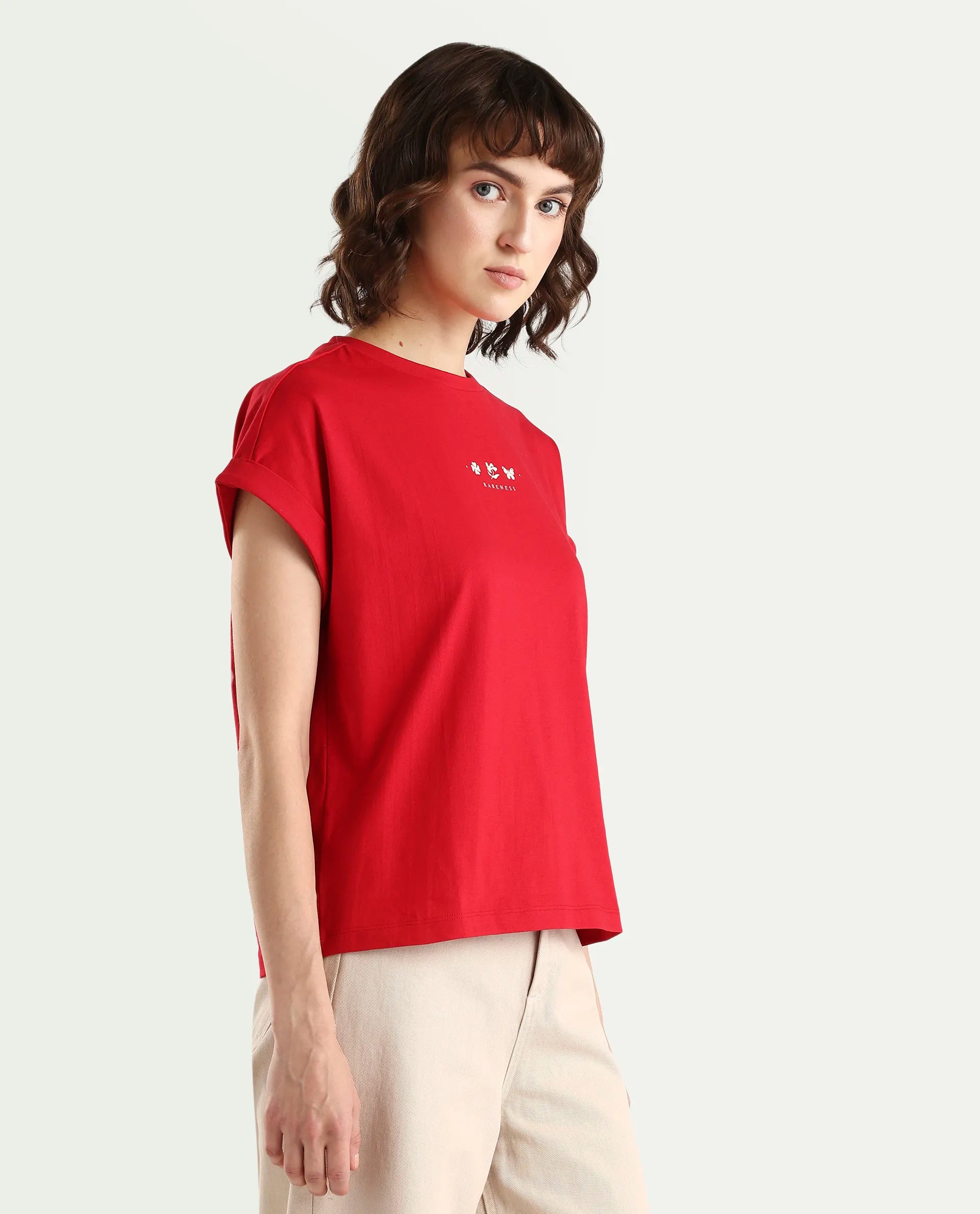 Rareism Women's Zolan Red Cotton Half Sleeve Relaxed Fit Pigment Print T-Shirt