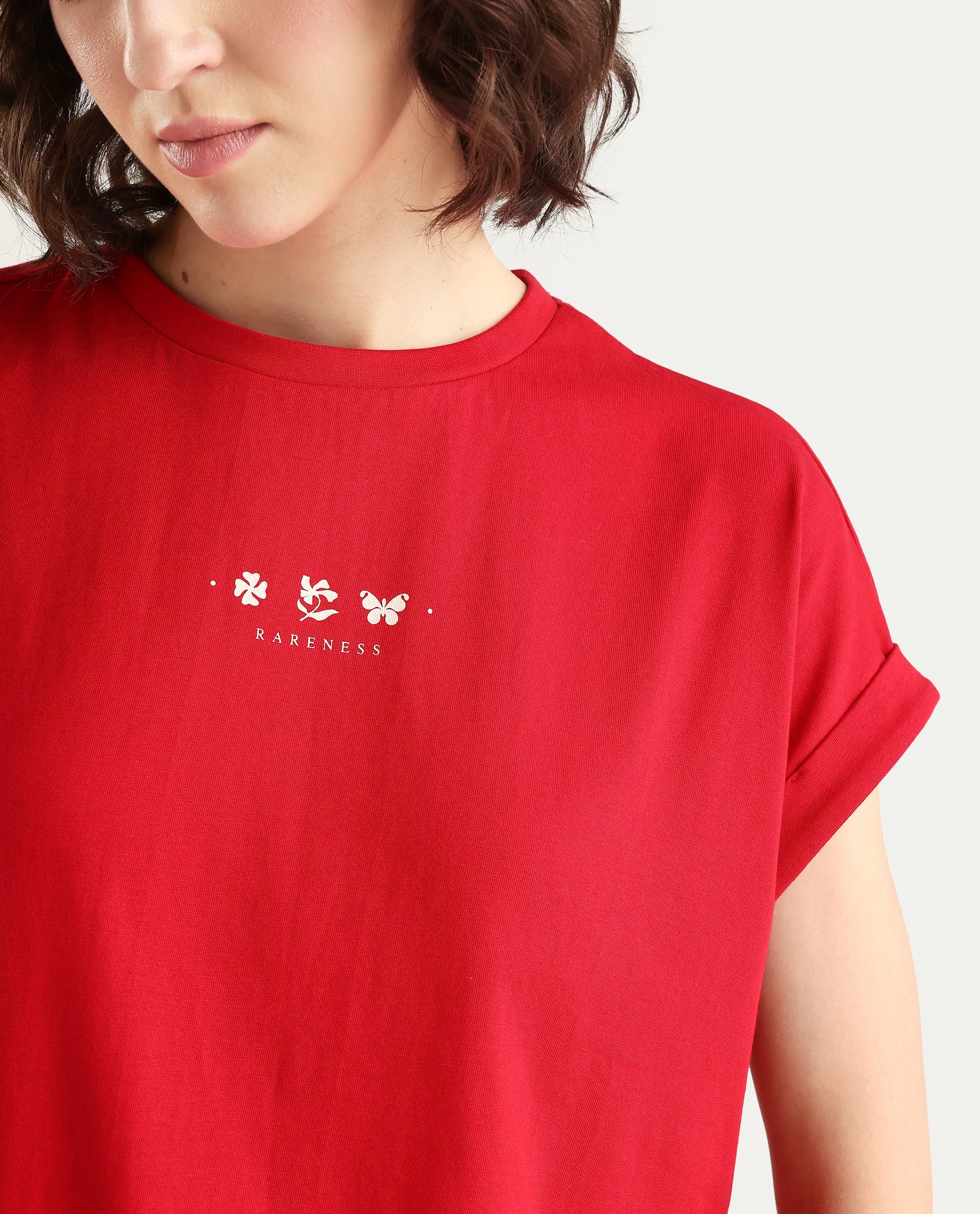 Rareism Women's Zolan Red Cotton Half Sleeve Relaxed Fit Pigment Print T-Shirt