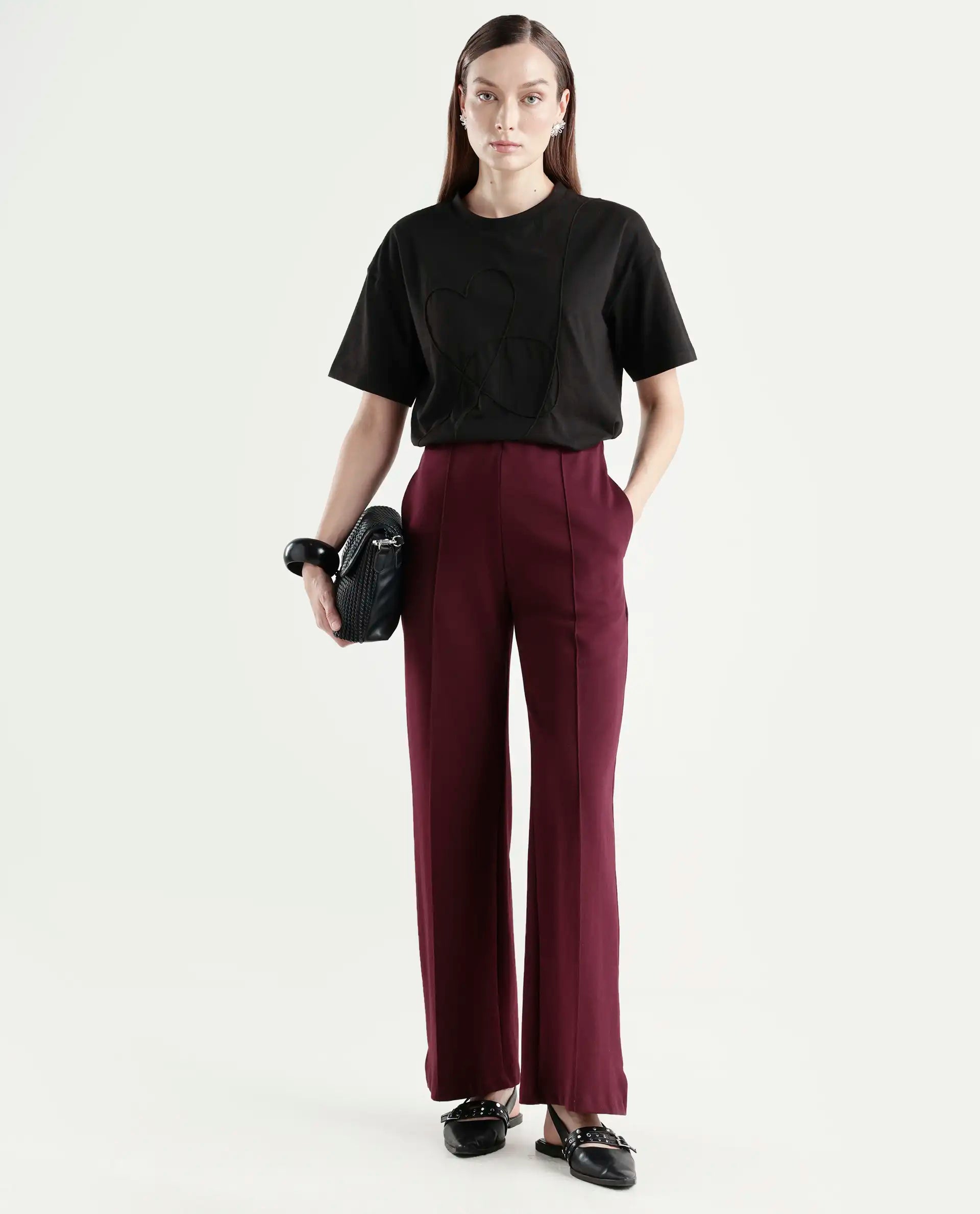 Rareism Women's Zovi Black Cotton Half Sleeve Boxy Object Print T-Shirt