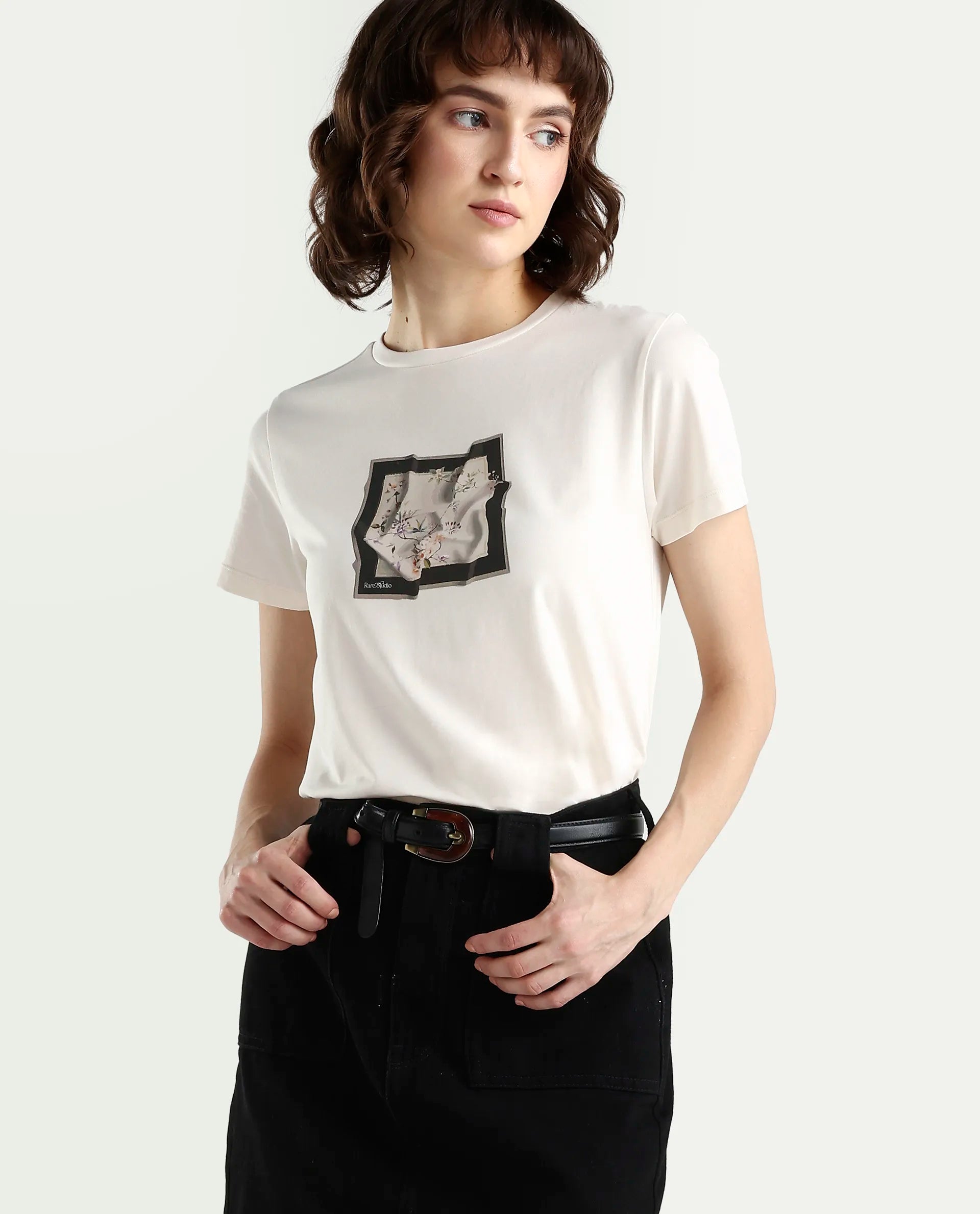 Rareism Women's Zoll Off White Cotton Blend Half Sleeve Regular Fit Printed T-Shirt