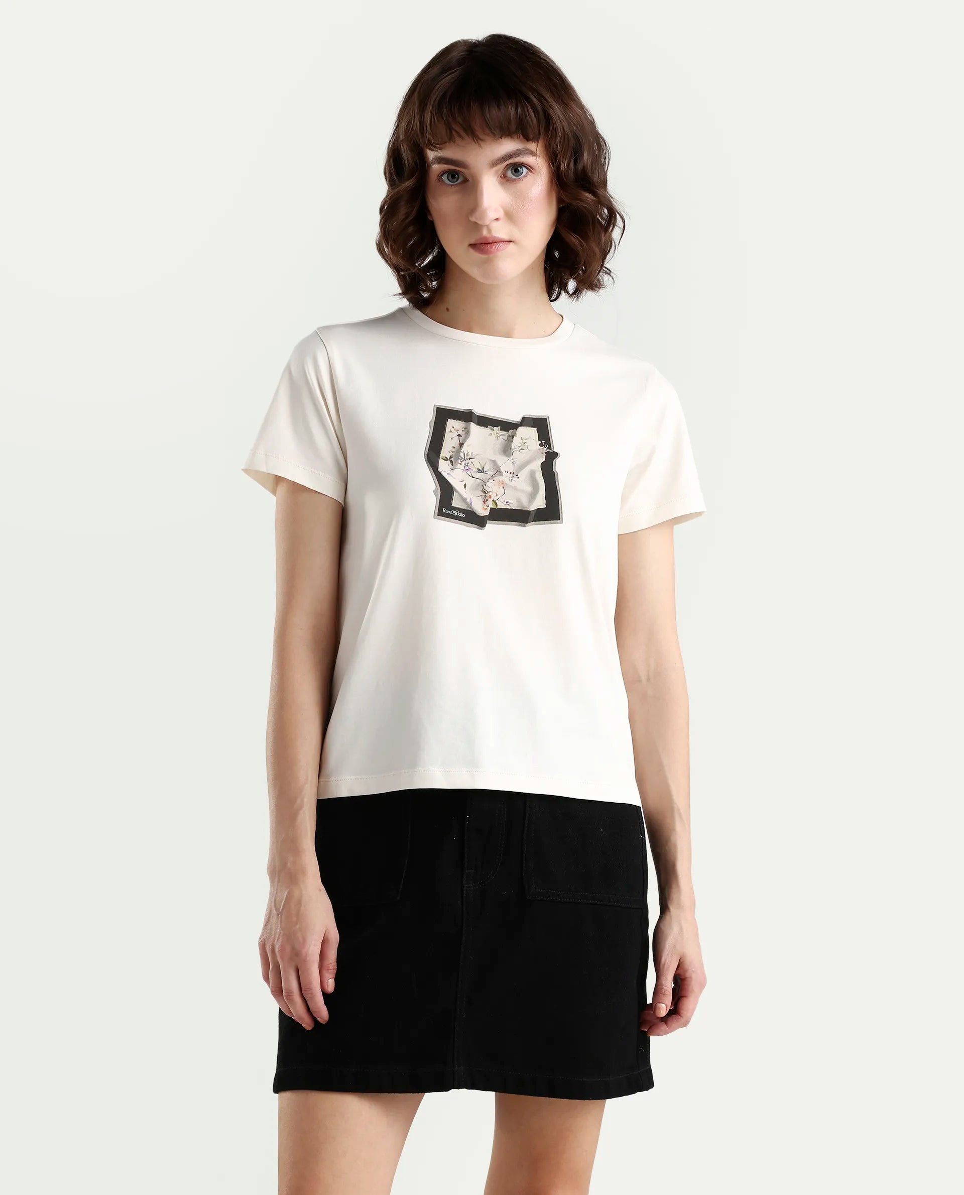 Rareism Women's Zoll Off White Cotton Blend Half Sleeve Regular Fit Printed T-Shirt