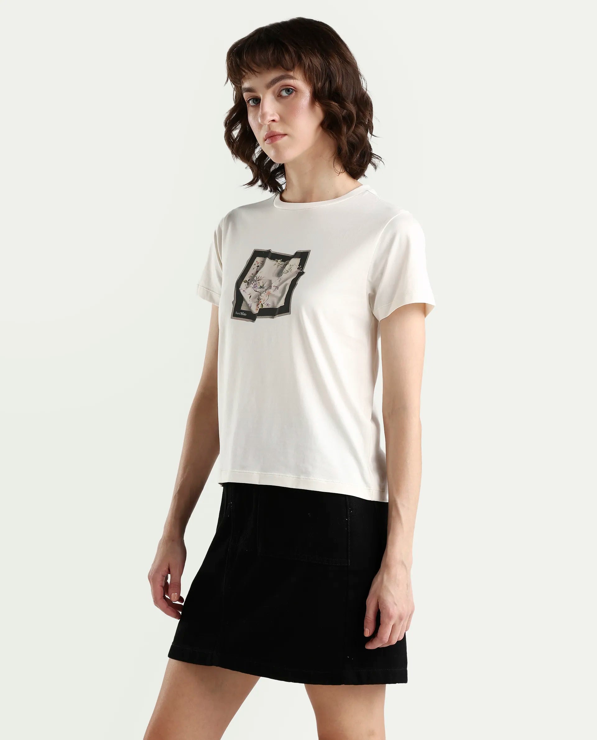 Rareism Women's Zoll Off White Cotton Blend Half Sleeve Regular Fit Printed T-Shirt