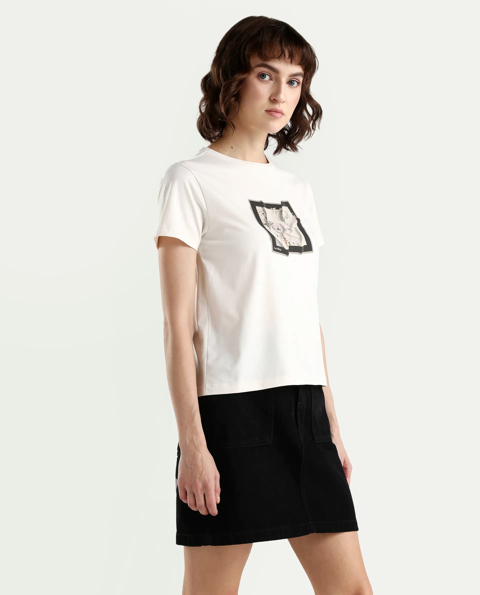 Rareism Women's Zoll Off White Cotton Blend Half Sleeve Regular Fit Printed T-Shirt