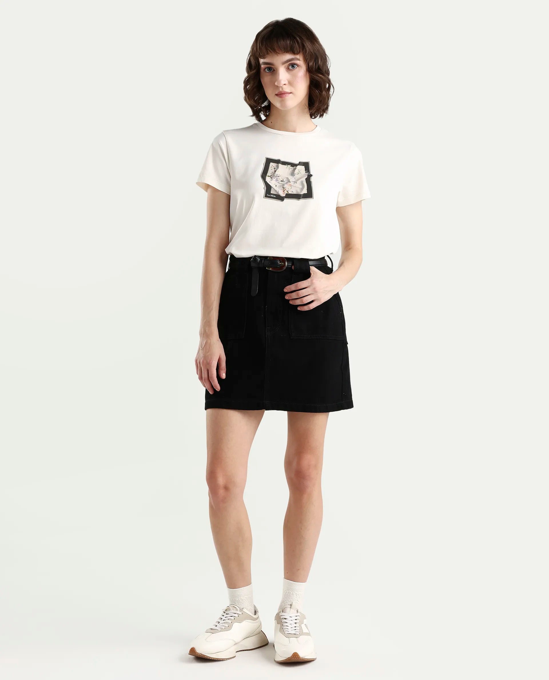 Rareism Women's Zoll Off White Cotton Blend Half Sleeve Regular Fit Printed T-Shirt