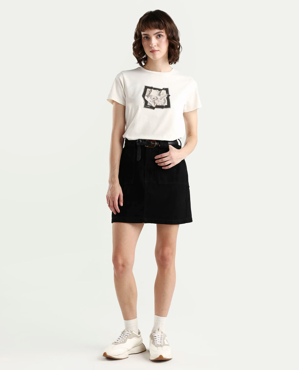 Rareism Women's Zoll Off White Cotton Blend Half Sleeve Regular Fit Printed T-Shirt