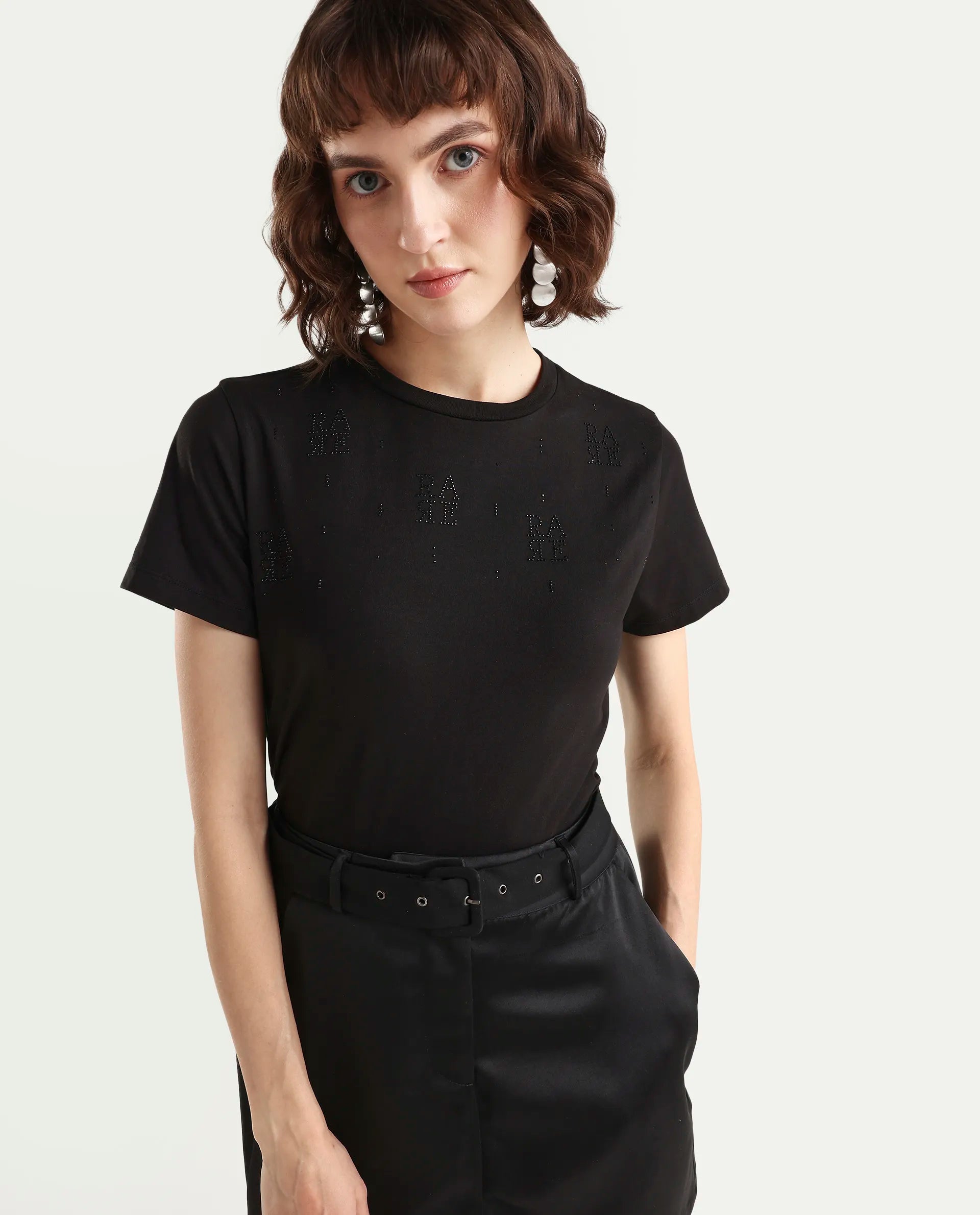 Rareism Women's Zoxi Black Cotton Blend Half Sleeve Regular Fit Typography Print T-Shirt