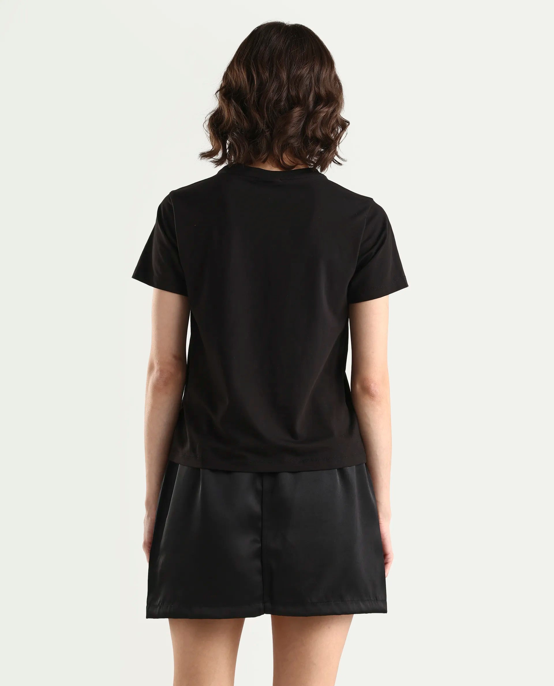 Rareism Women's Zoxi Black Cotton Blend Half Sleeve Regular Fit Typography Print T-Shirt