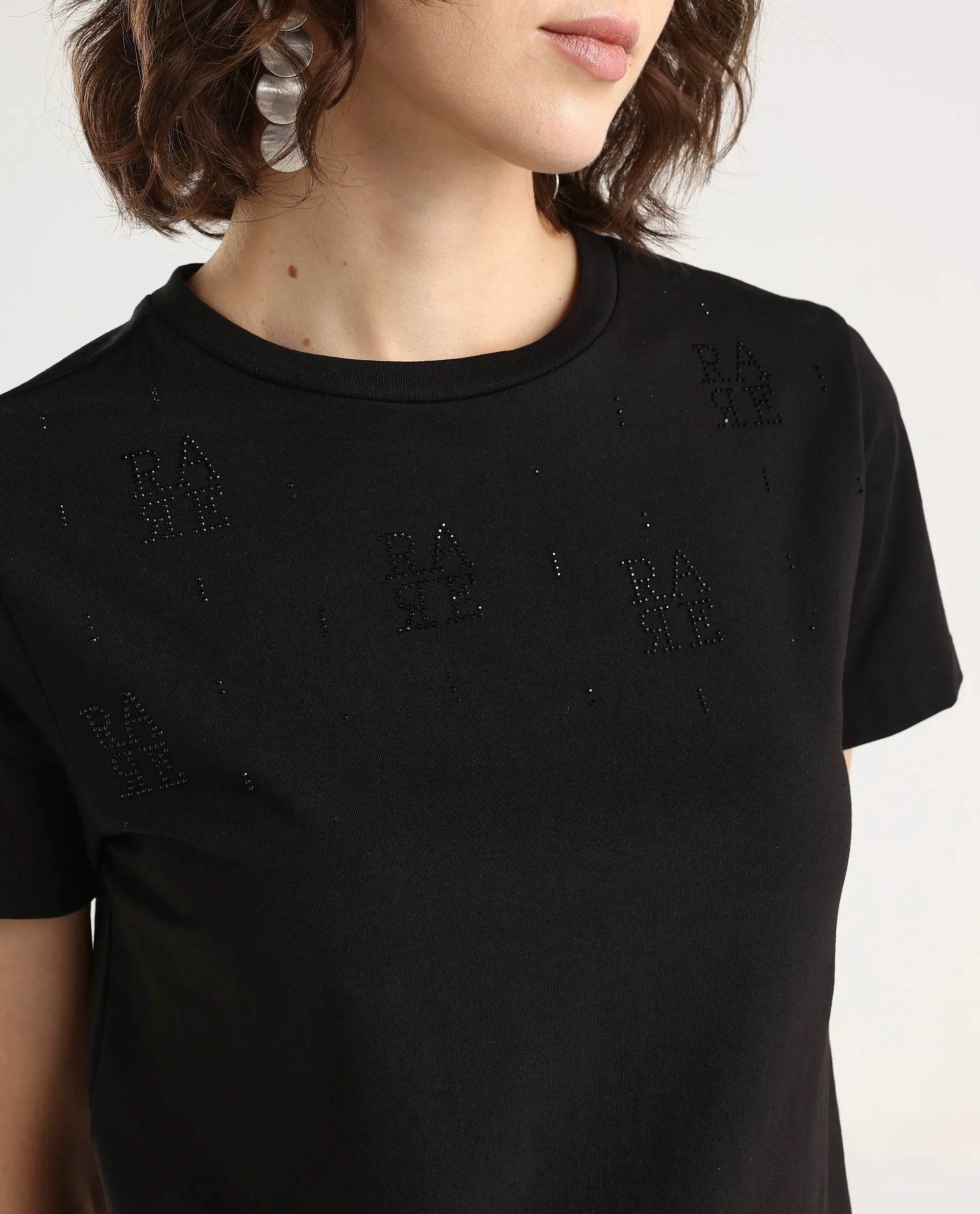 Rareism Women's Zoxi Black Cotton Blend Half Sleeve Regular Fit Typography Print T-Shirt