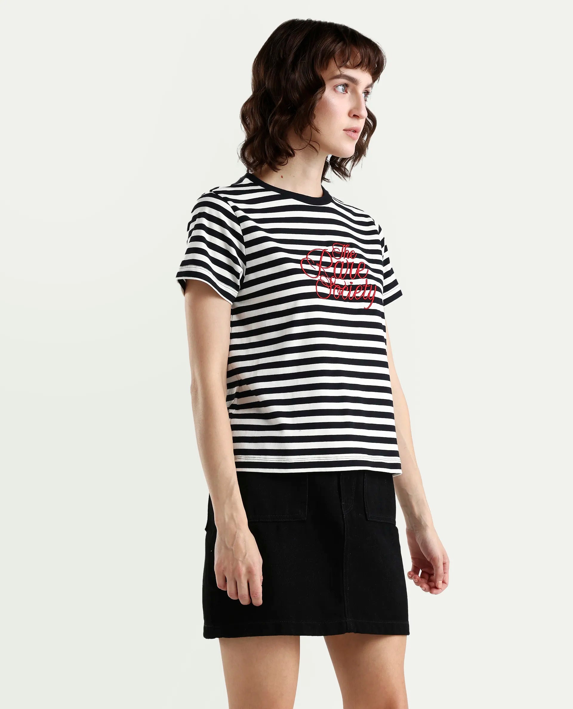 Rareism Women's Zire Black Cotton Blend Half Sleeve Regular Fit Typography Print T-Shirt