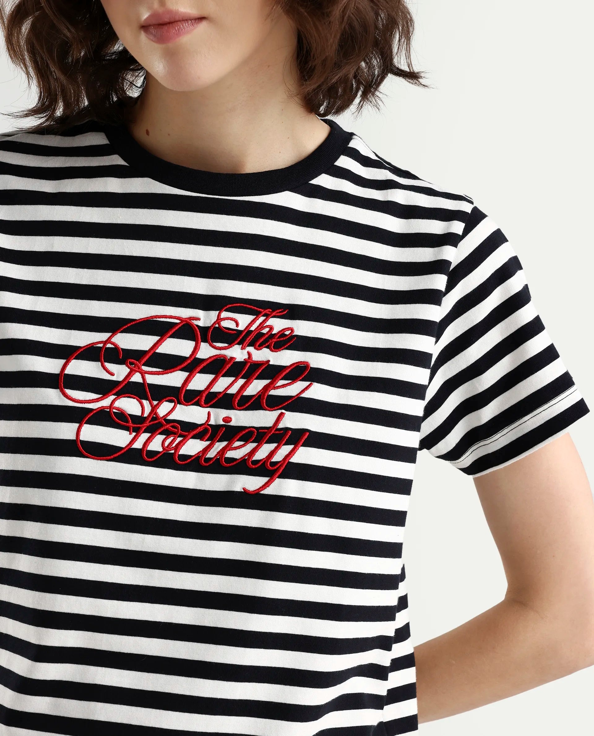 Rareism Women's Zire Black Cotton Blend Half Sleeve Regular Fit Typography Print T-Shirt