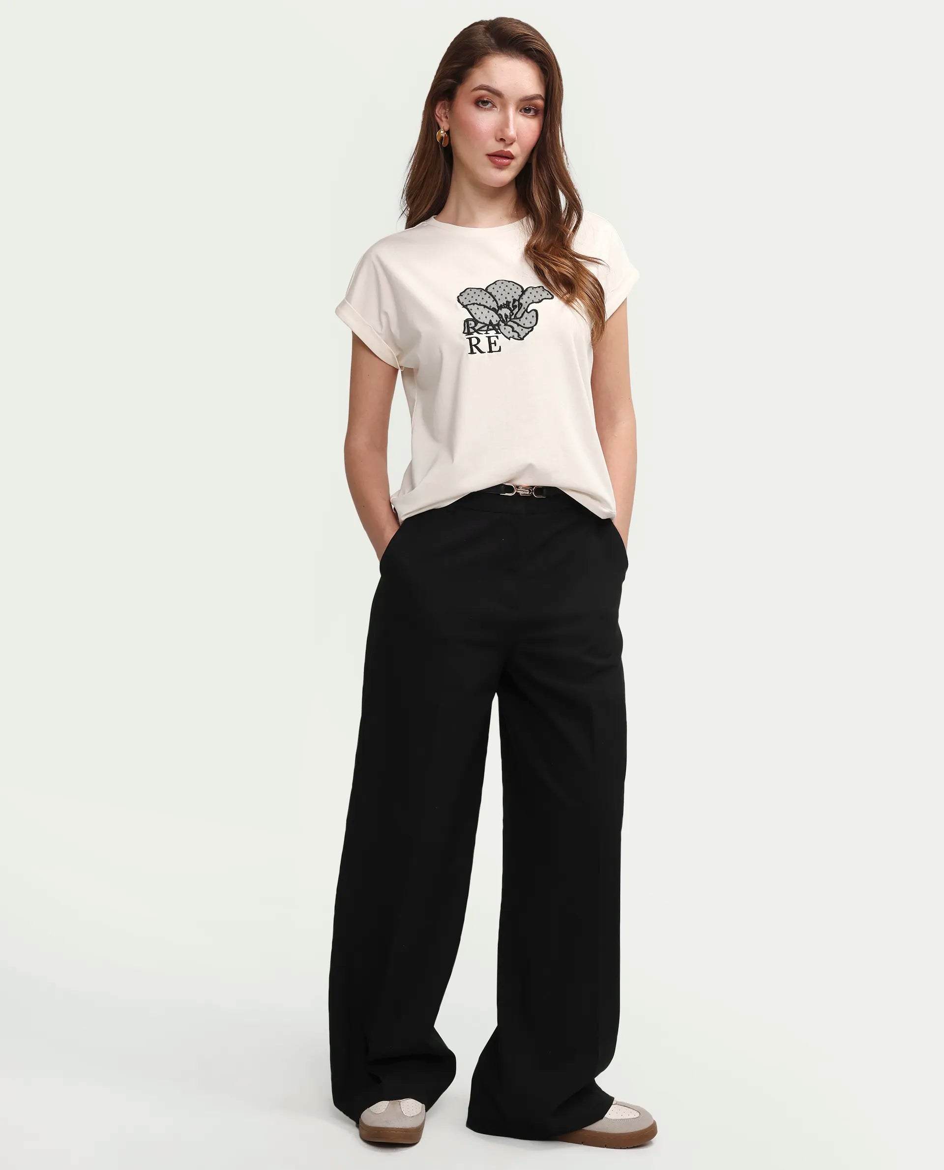 Rareism Women's Zools Off White Cotton Blend Half Sleeve Relaxed Fit Floral Print T-Shirt