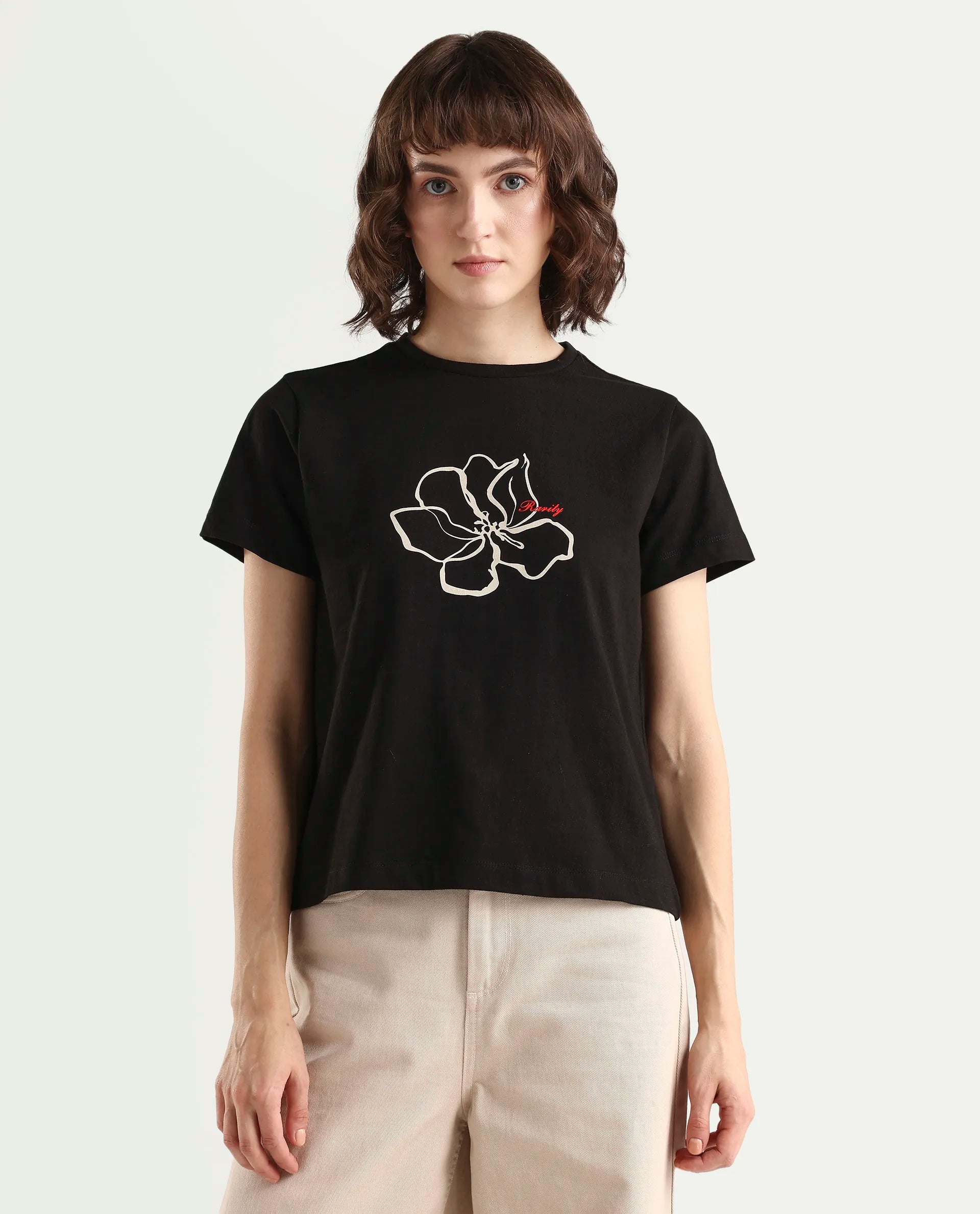 Rareism Women's Zrad Black Cotton Half Sleeve Regular Fit Floral Print T-Shirt