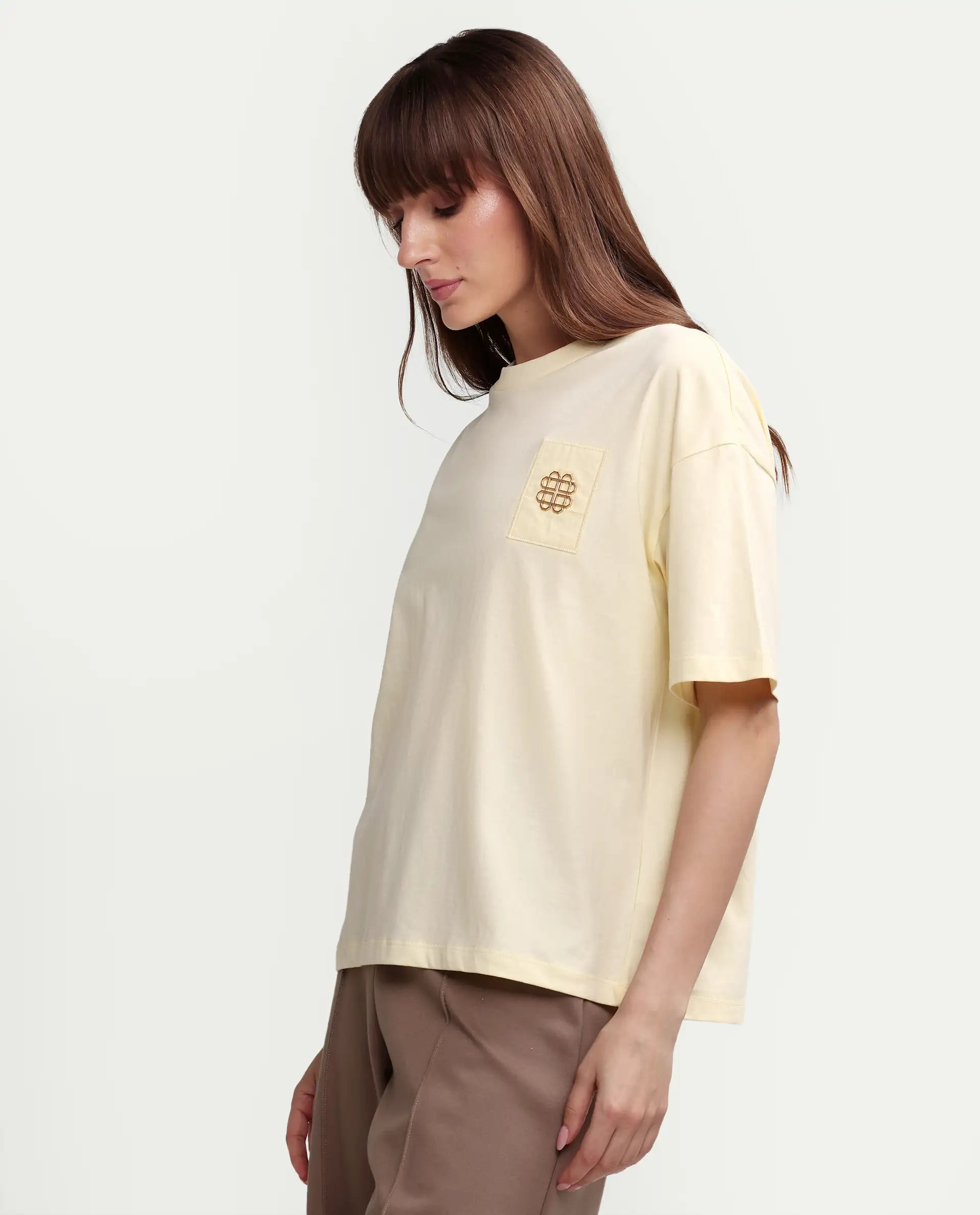 Rareism Women's Zaf Light Yellow Cotton Half Sleeve Boxy Plain T-Shirt