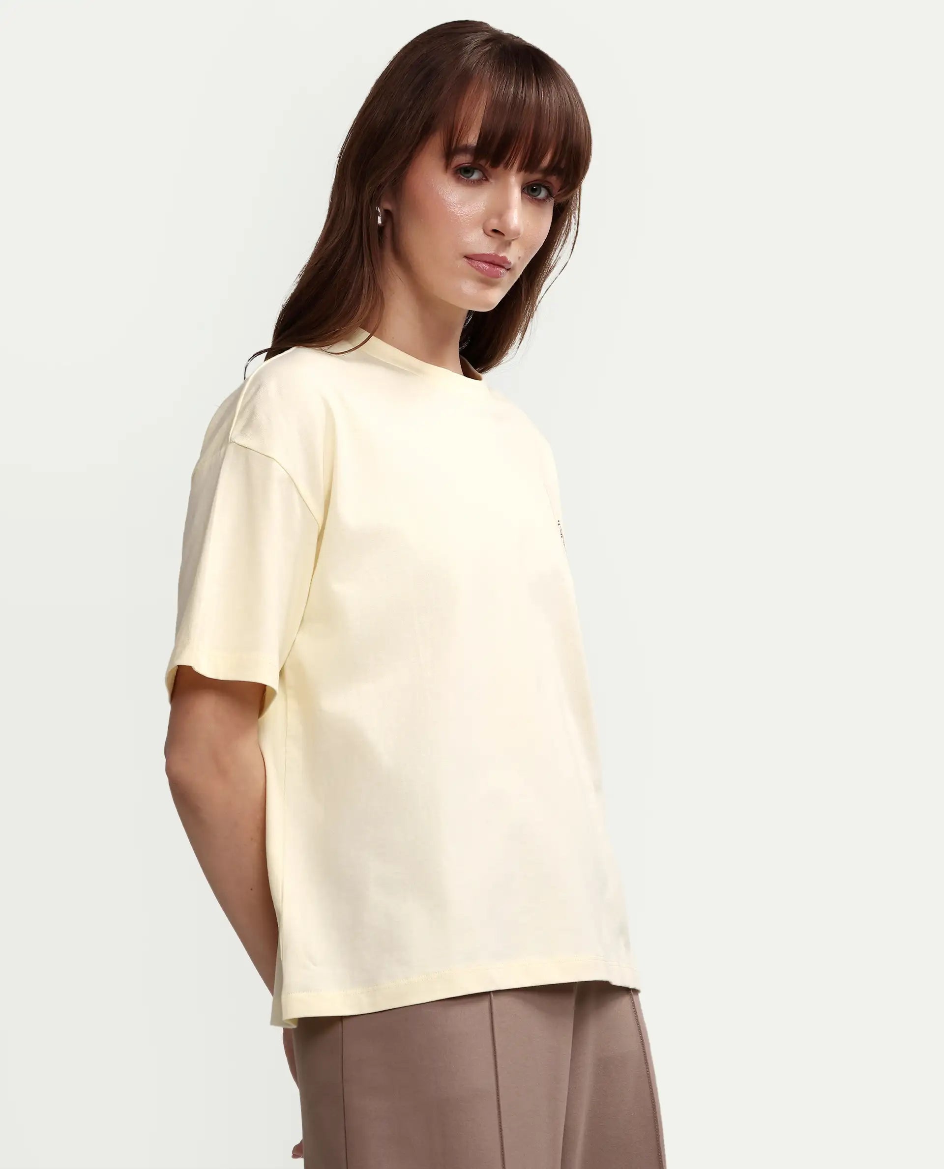 Rareism Women's Zaf Light Yellow Cotton Half Sleeve Boxy Plain T-Shirt