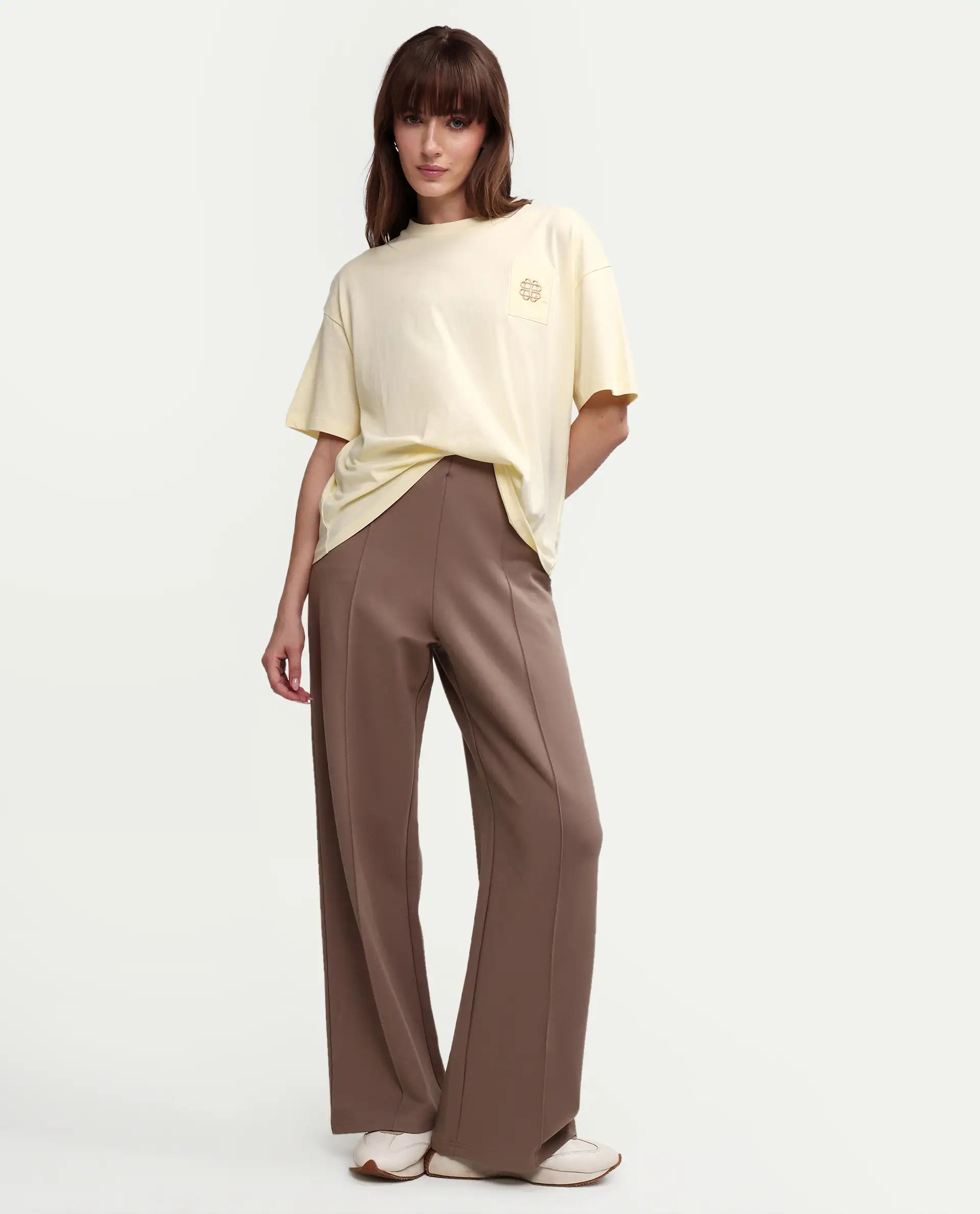 Rareism Women's Zaf Light Yellow Cotton Half Sleeve Boxy Plain T-Shirt