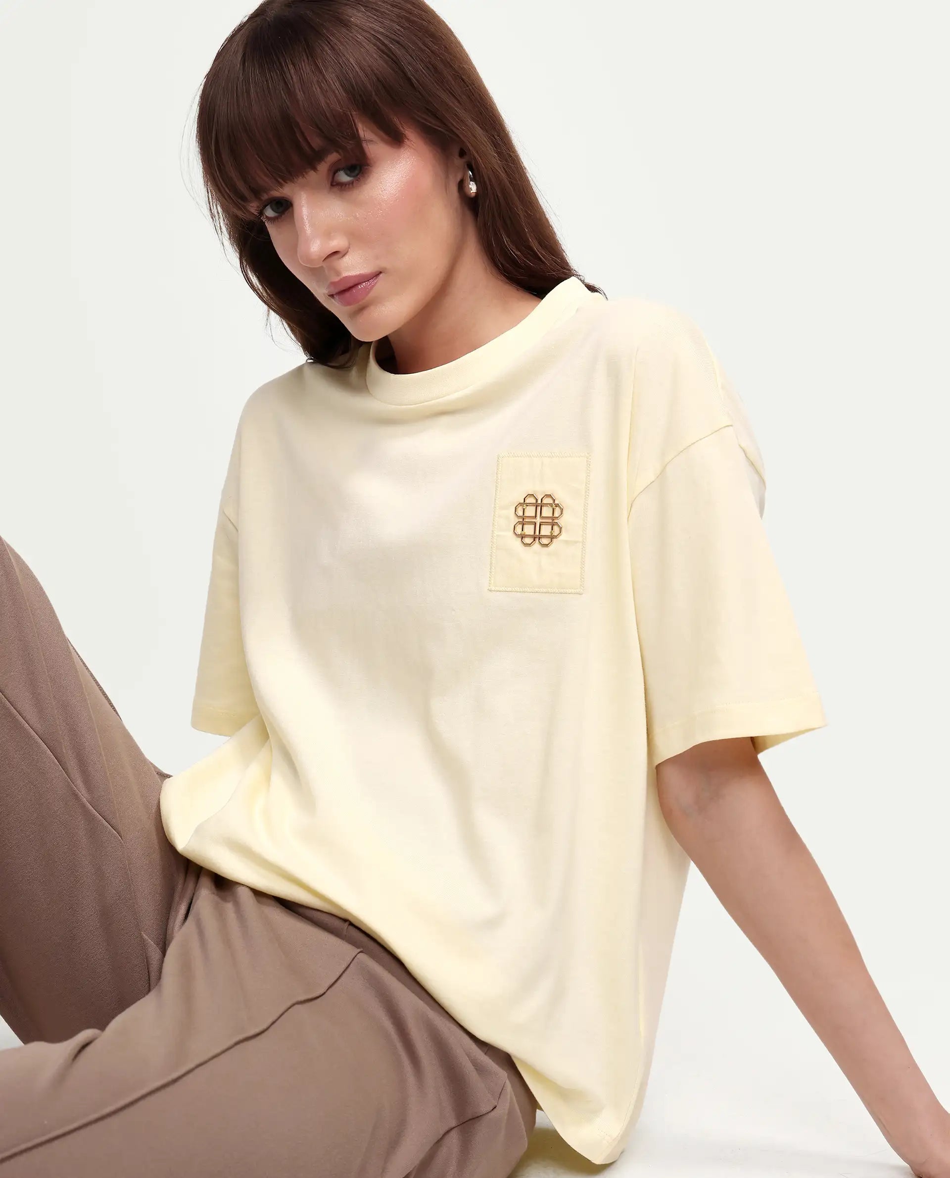 Rareism Women's Zaf Light Yellow Cotton Half Sleeve Boxy Plain T-Shirt