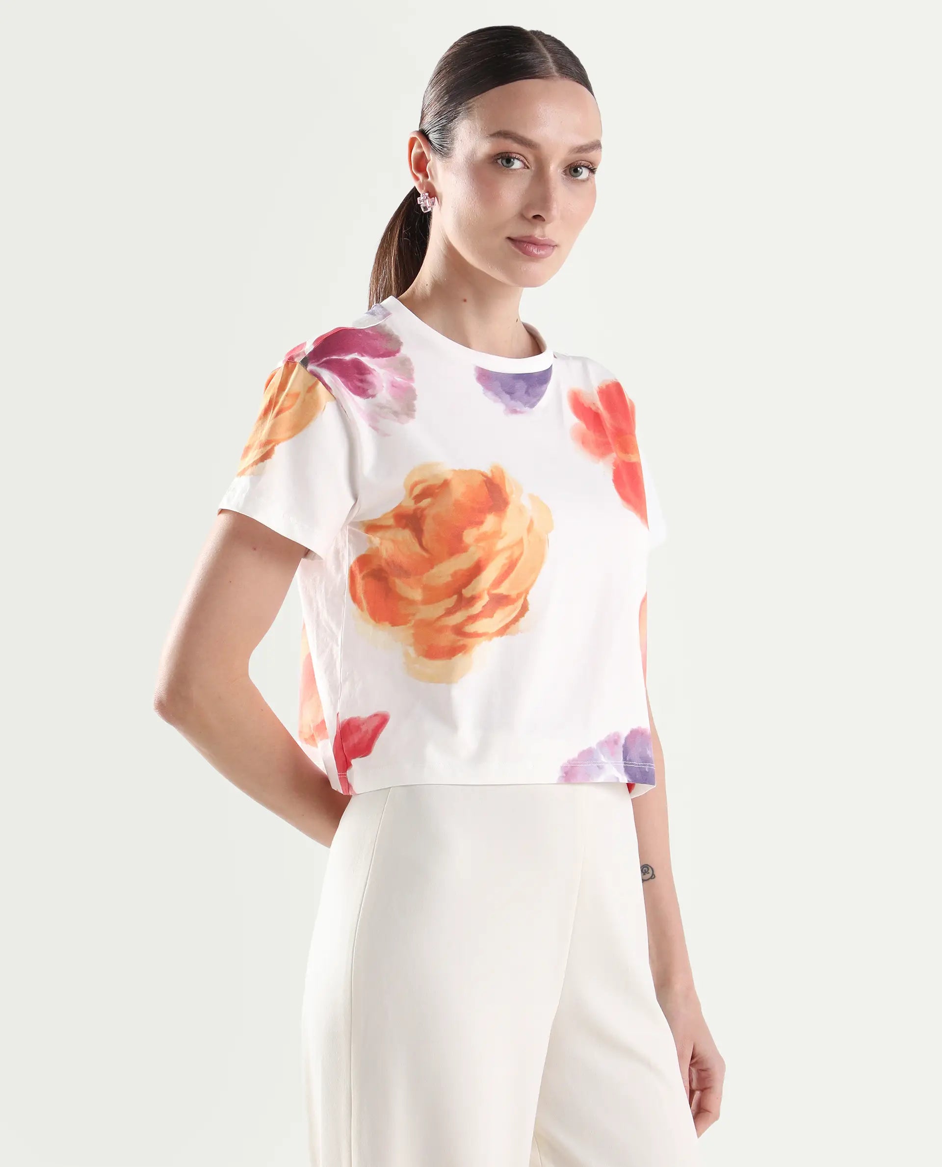 Rareism Women's Zero Multi Cotton Blend Half Sleeve Relaxed Fit Floral Print T-Shirt