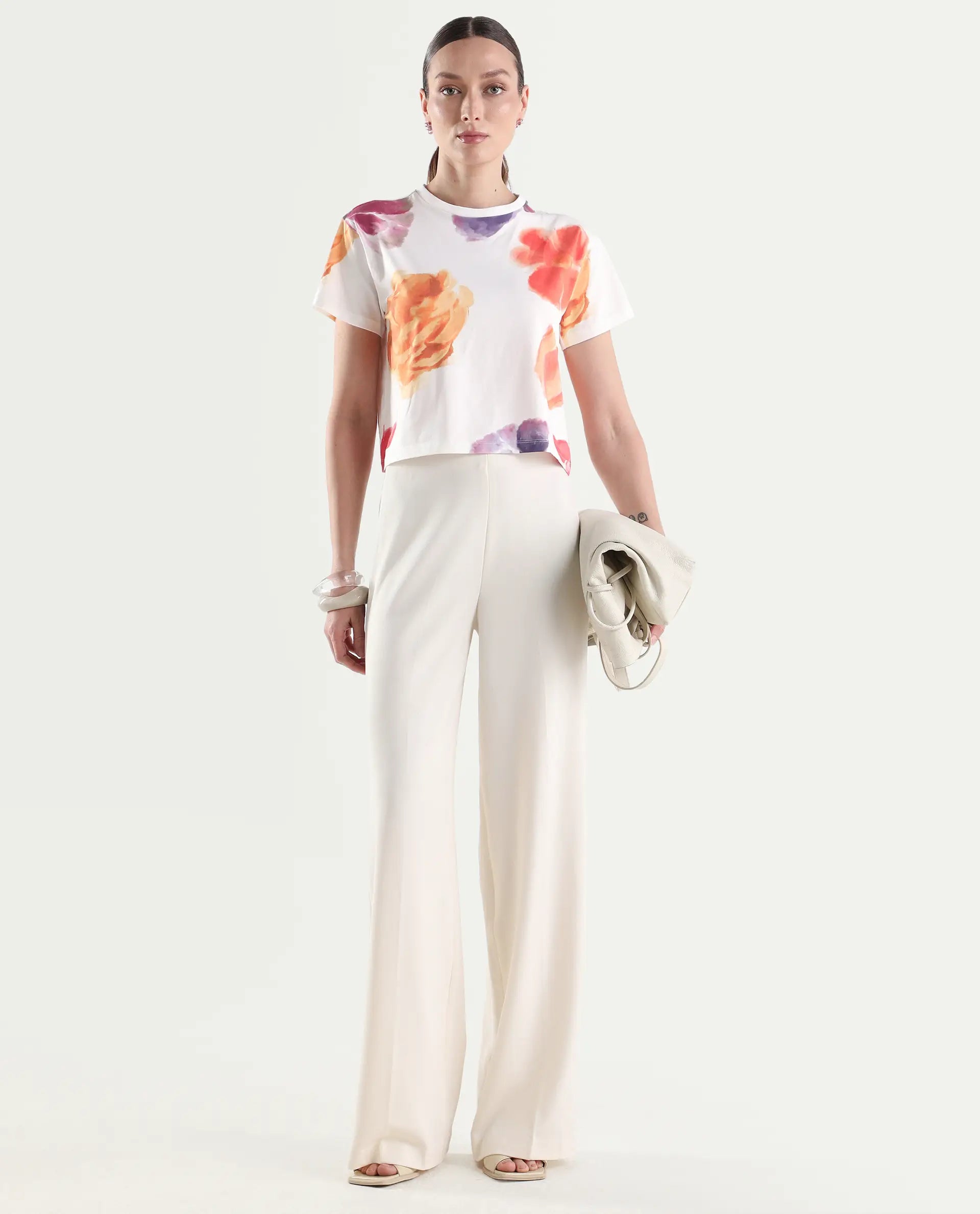 Rareism Women's Zero Multi Cotton Blend Half Sleeve Relaxed Fit Floral Print T-Shirt