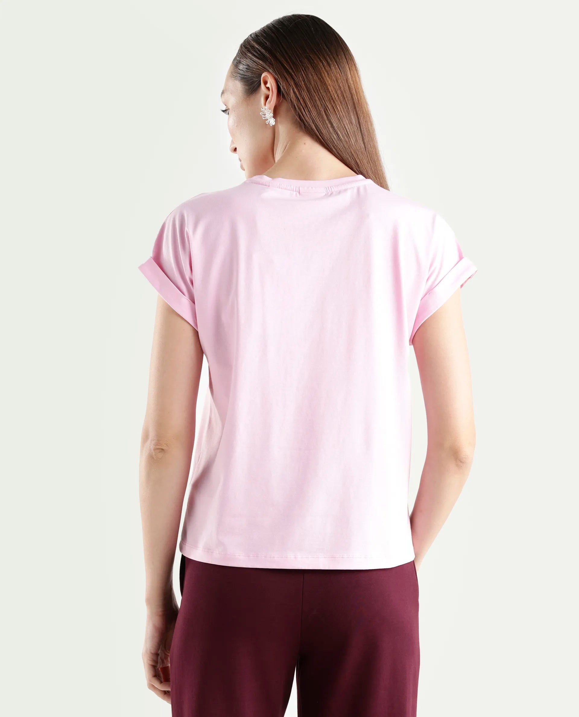 Rareism Women's Zoro Light Pink Cotton Blend Half Sleeve Relaxed Fit Object Print T-Shirt