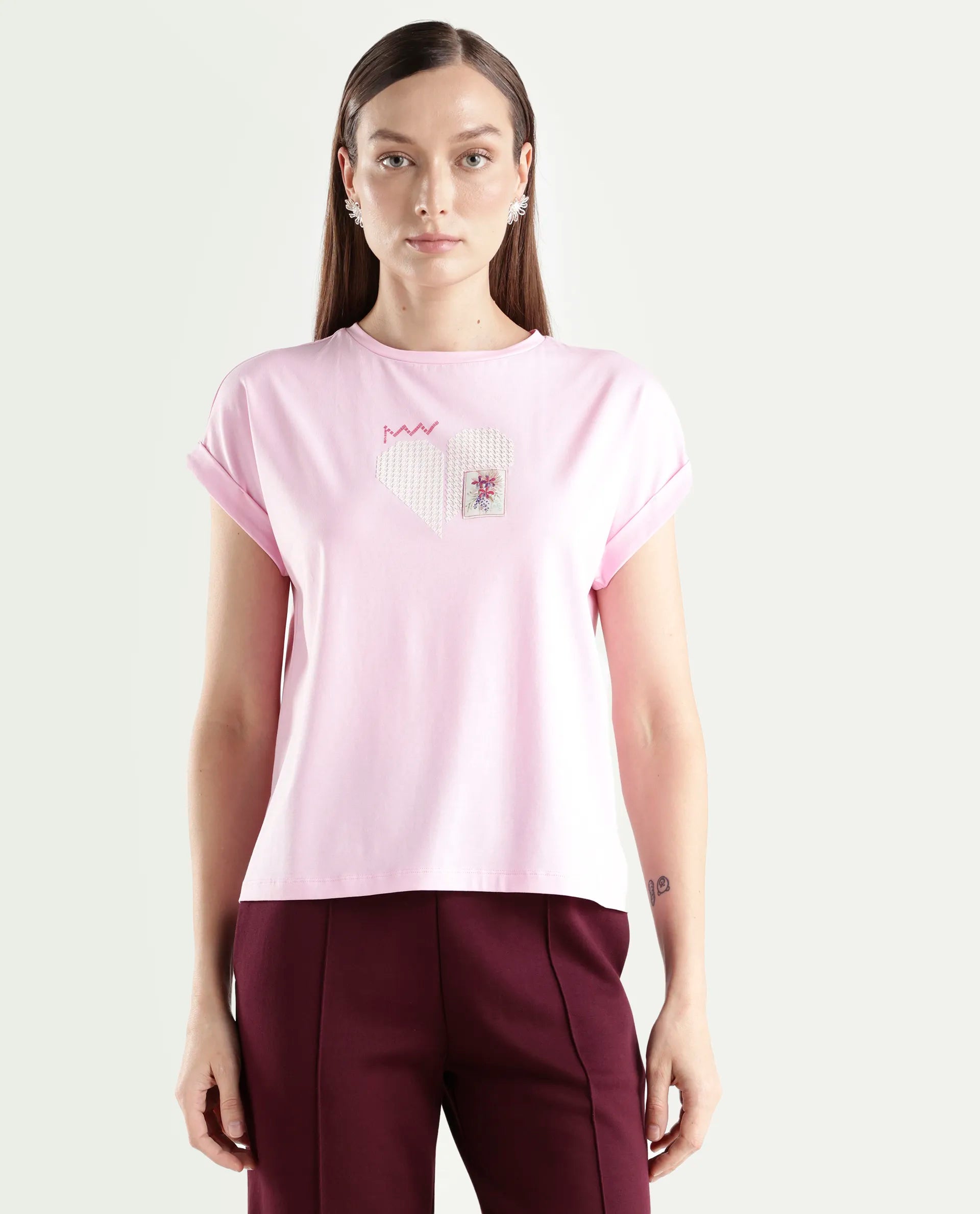 Rareism Women's Zoro Light Pink Cotton Blend Half Sleeve Relaxed Fit Object Print T-Shirt