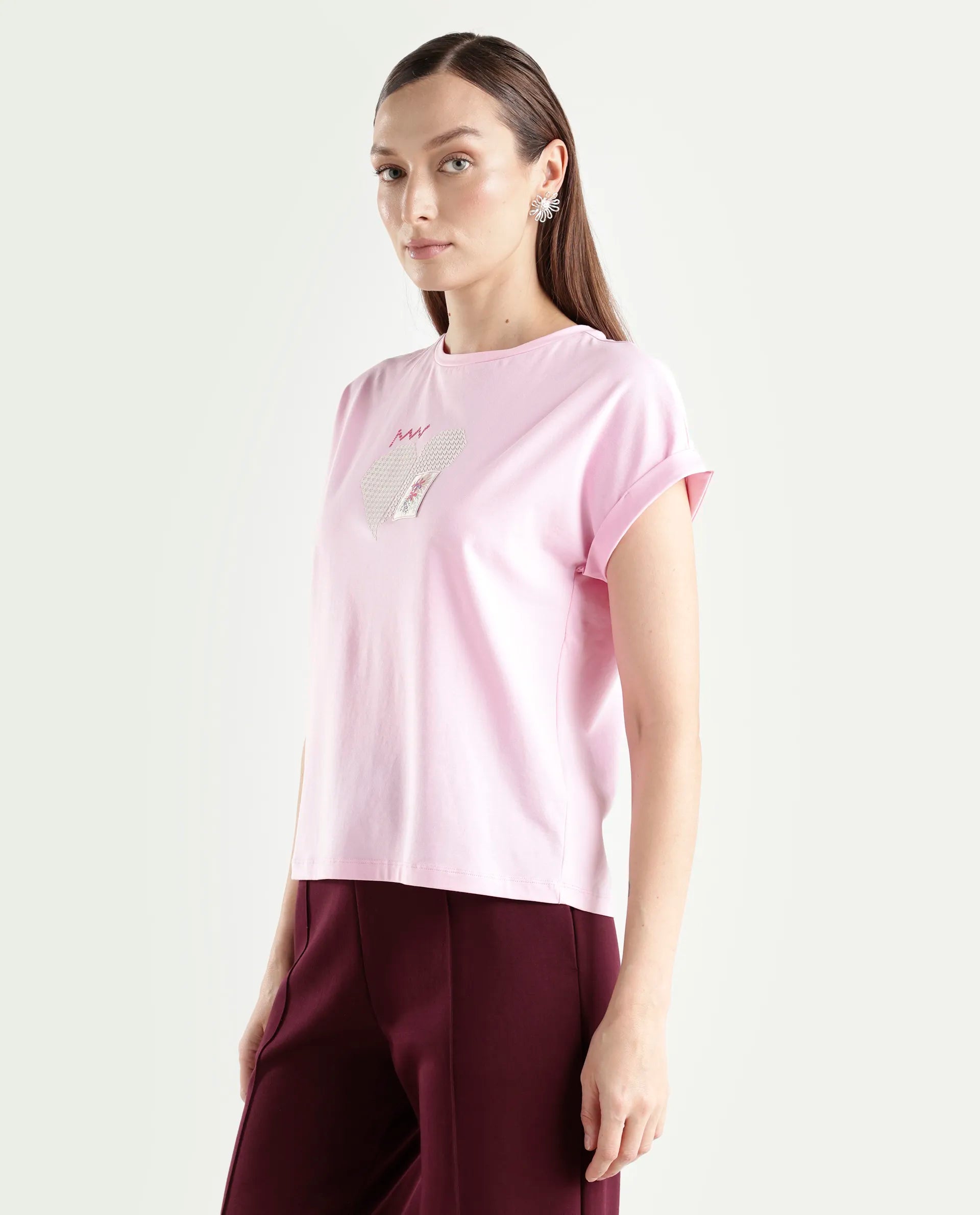 Rareism Women's Zoro Light Pink Cotton Blend Half Sleeve Relaxed Fit Object Print T-Shirt