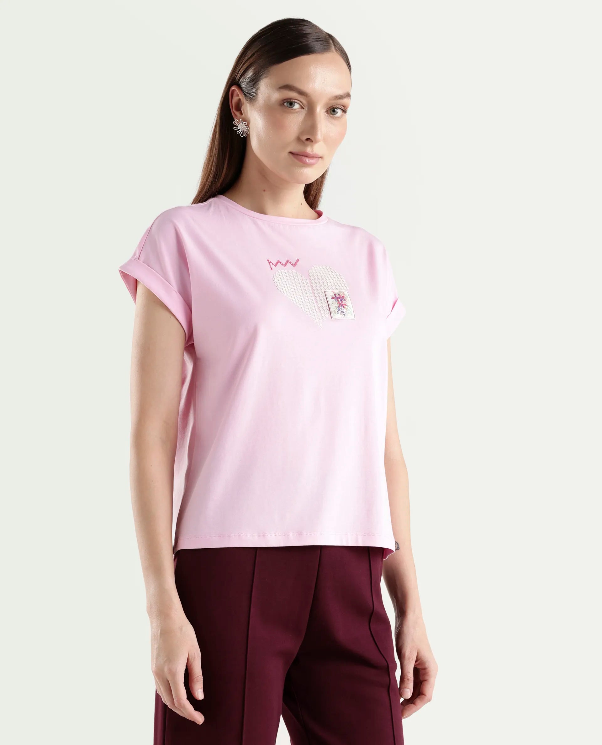 Rareism Women's Zoro Light Pink Cotton Blend Half Sleeve Relaxed Fit Object Print T-Shirt