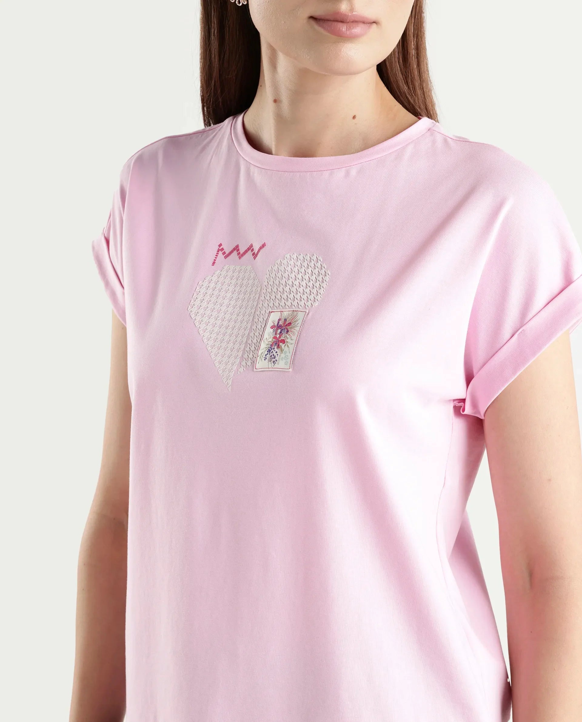 Rareism Women's Zoro Light Pink Cotton Blend Half Sleeve Relaxed Fit Object Print T-Shirt